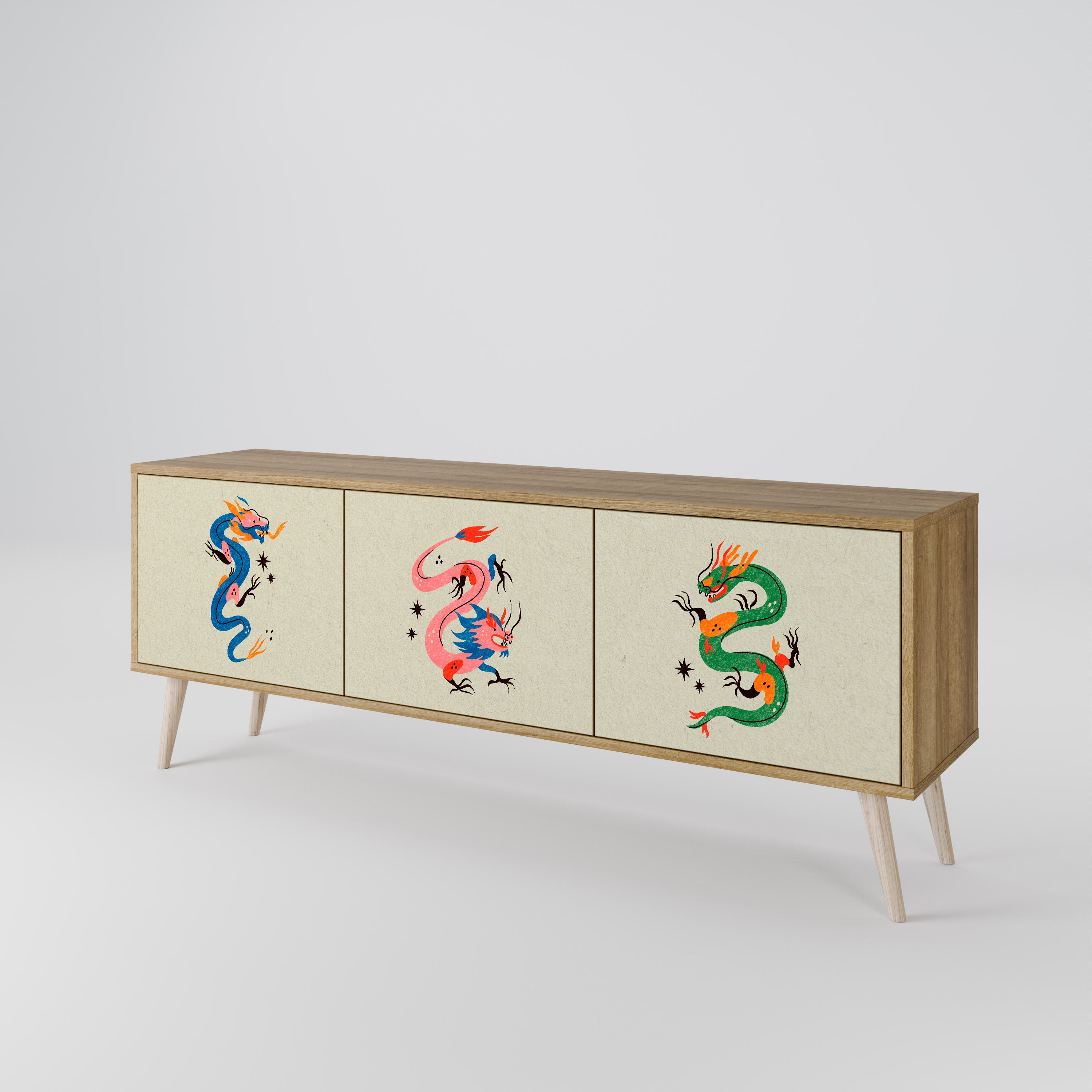 Mueble de TV de 3 puertas con efecto roble CRIATURAS MITOLÓGICAS
