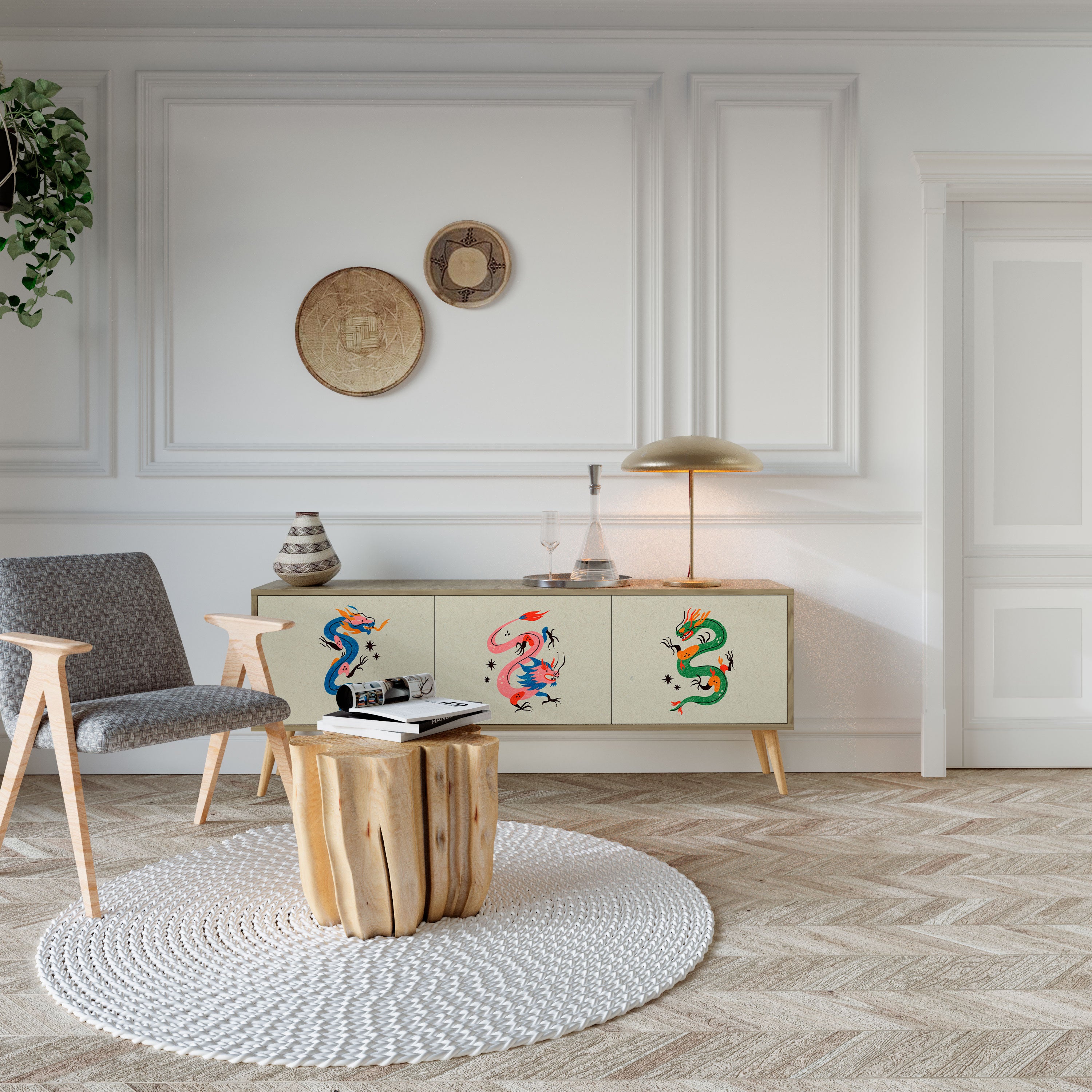 Mueble de TV de 3 puertas con efecto roble CRIATURAS MITOLÓGICAS