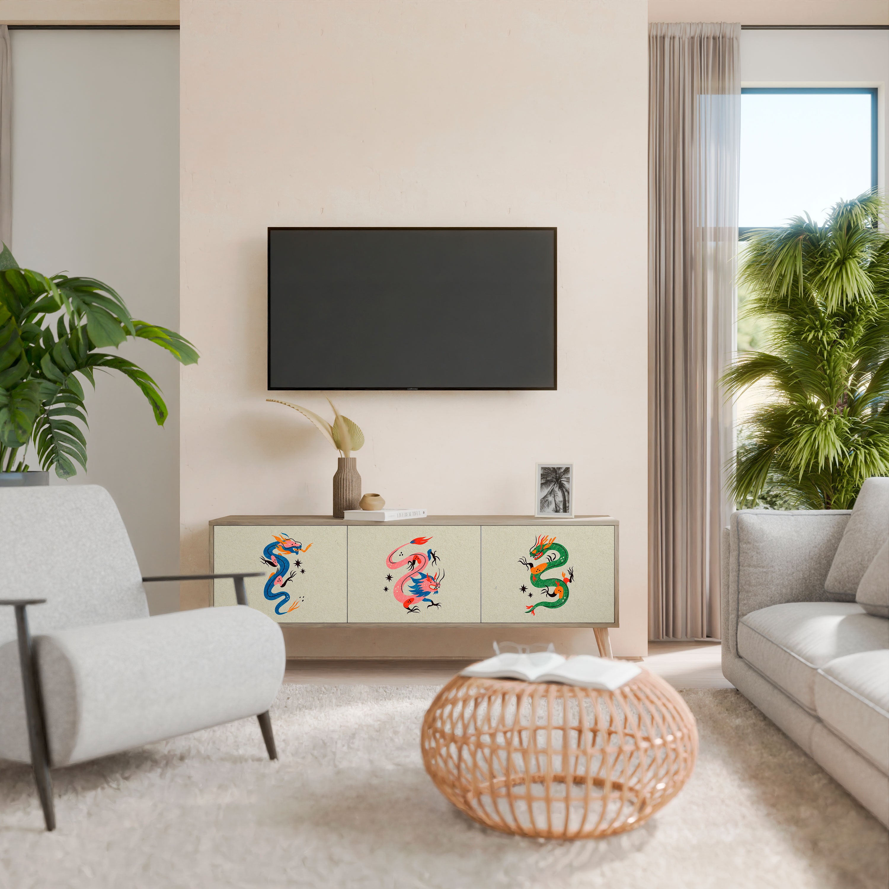 Mueble de TV de 3 puertas con efecto roble CRIATURAS MITOLÓGICAS