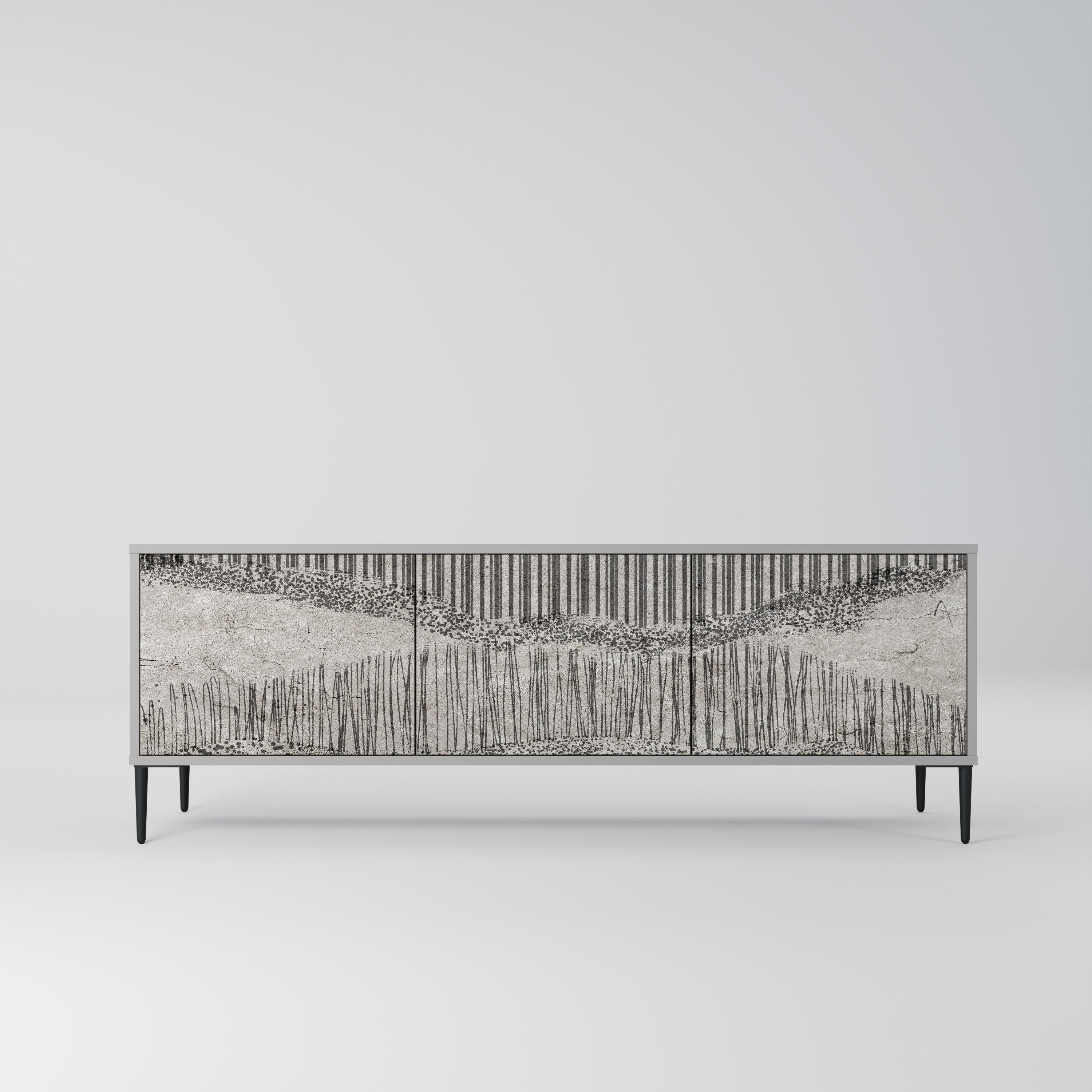 GRAIN LINES 3-Door TV Stand in Grey Finish