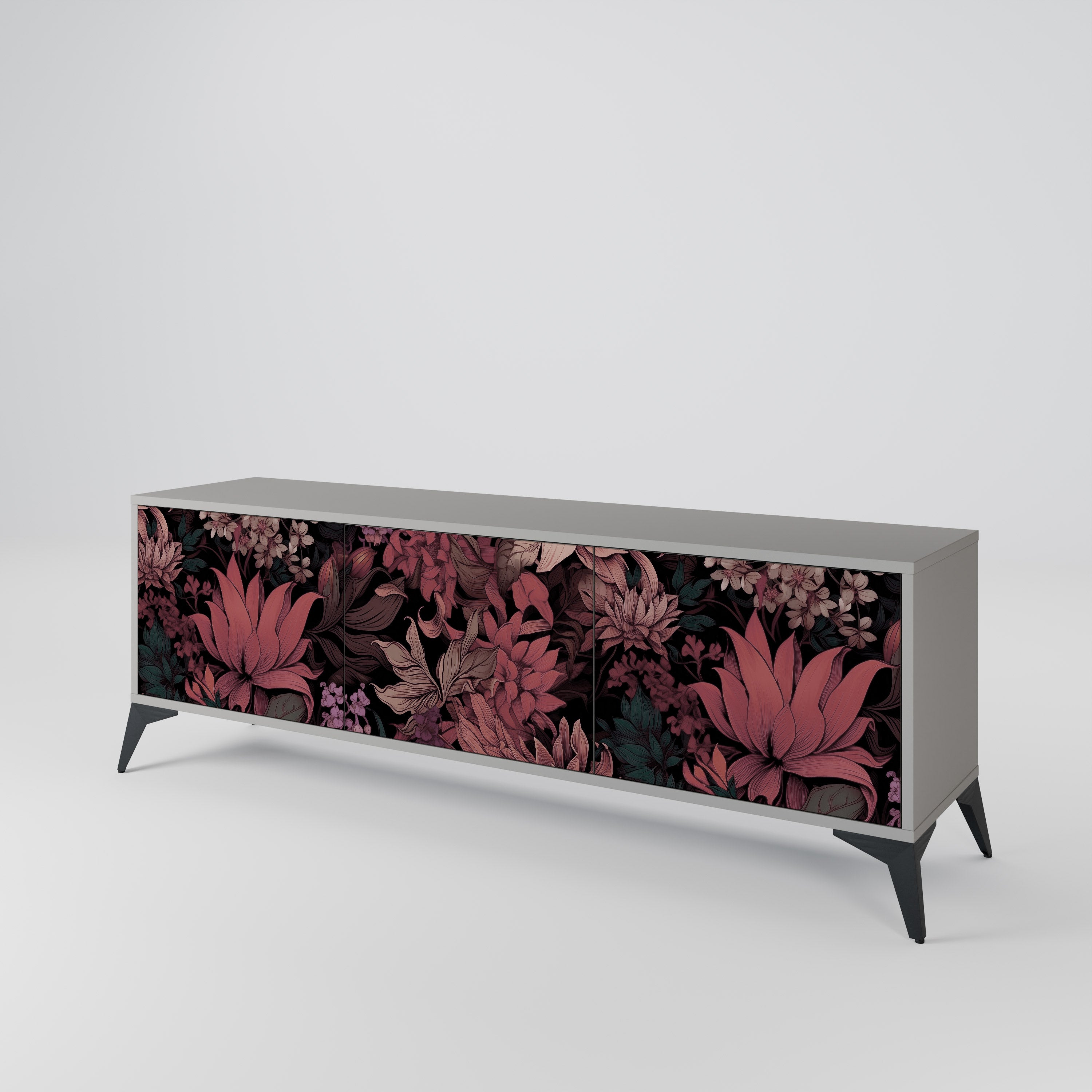 FLORAL WHISPER 3-Door TV Stand in Grey Finish