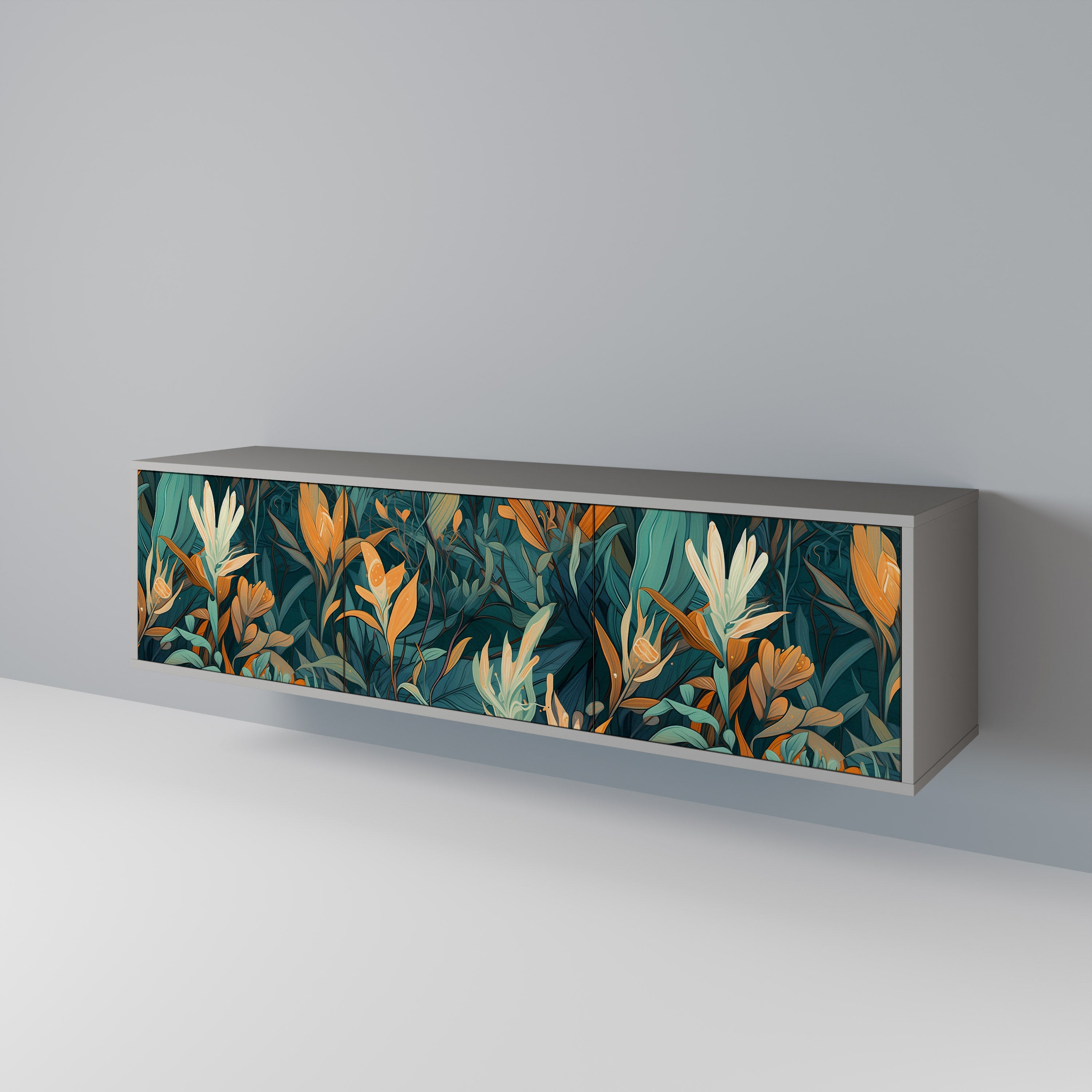 FLORAL SERENITY 3-Door TV Stand in Grey Finish