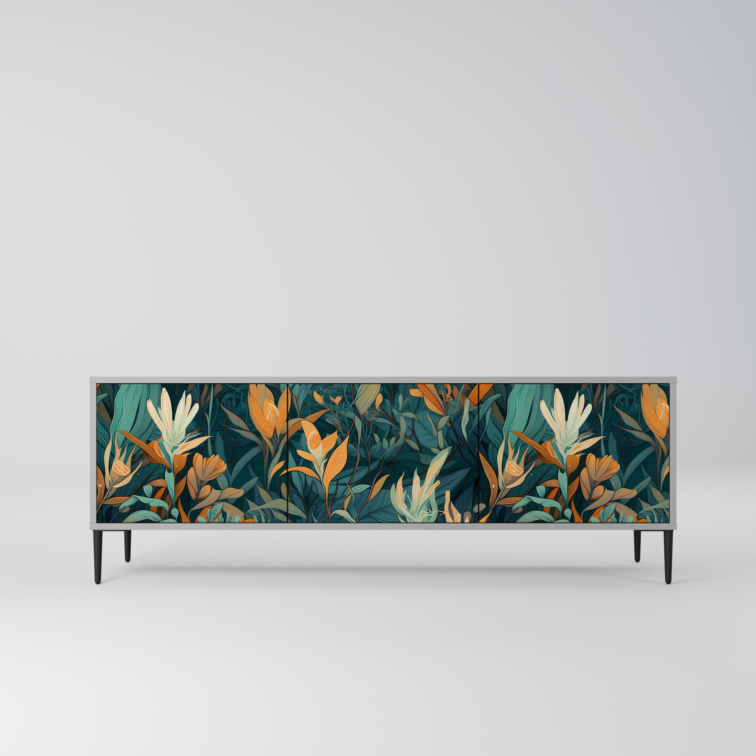 FLORAL SERENITY 3-Door TV Stand in Grey Finish