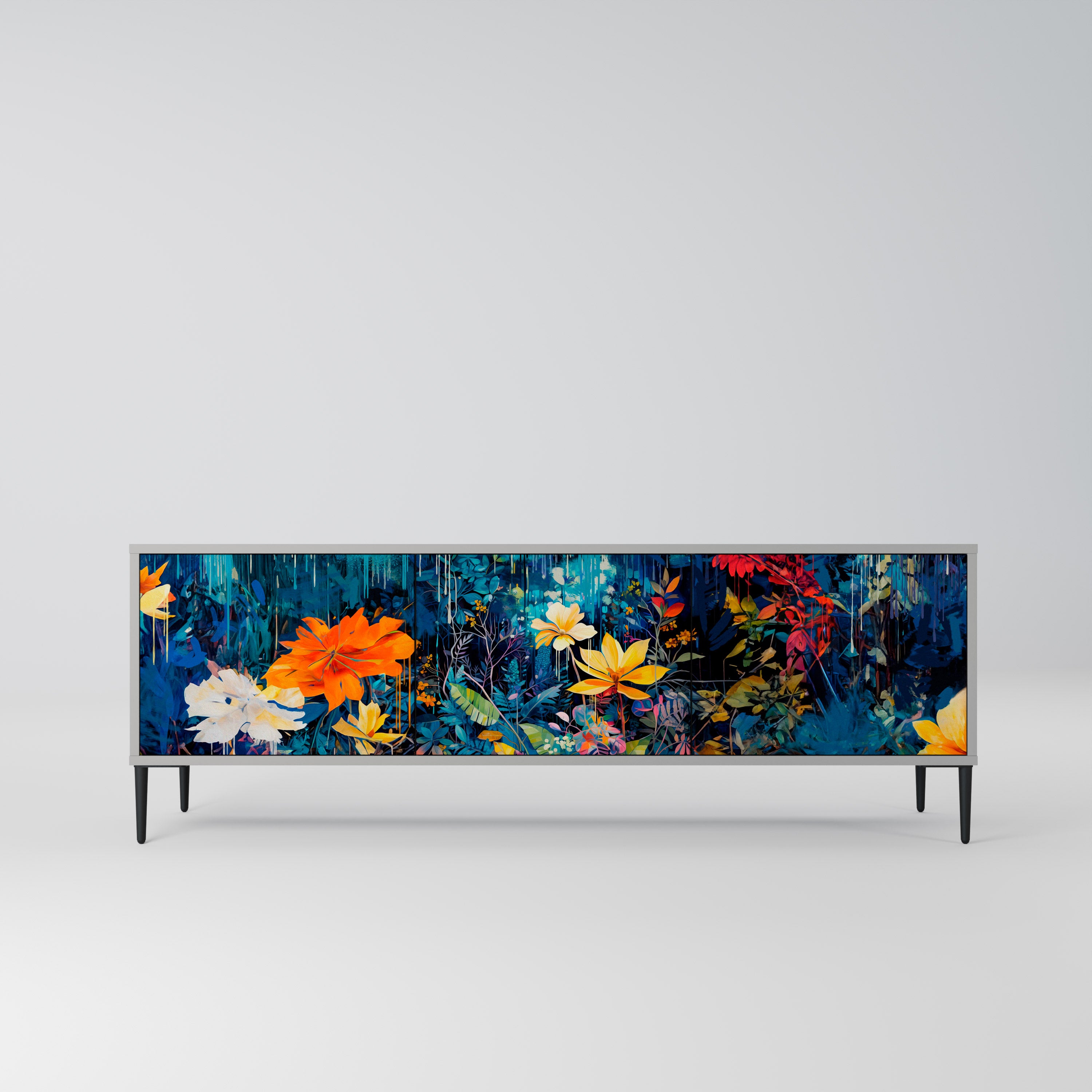 MIDNIGHT BLOSSOM 3-Door TV Stand in Grey Finish