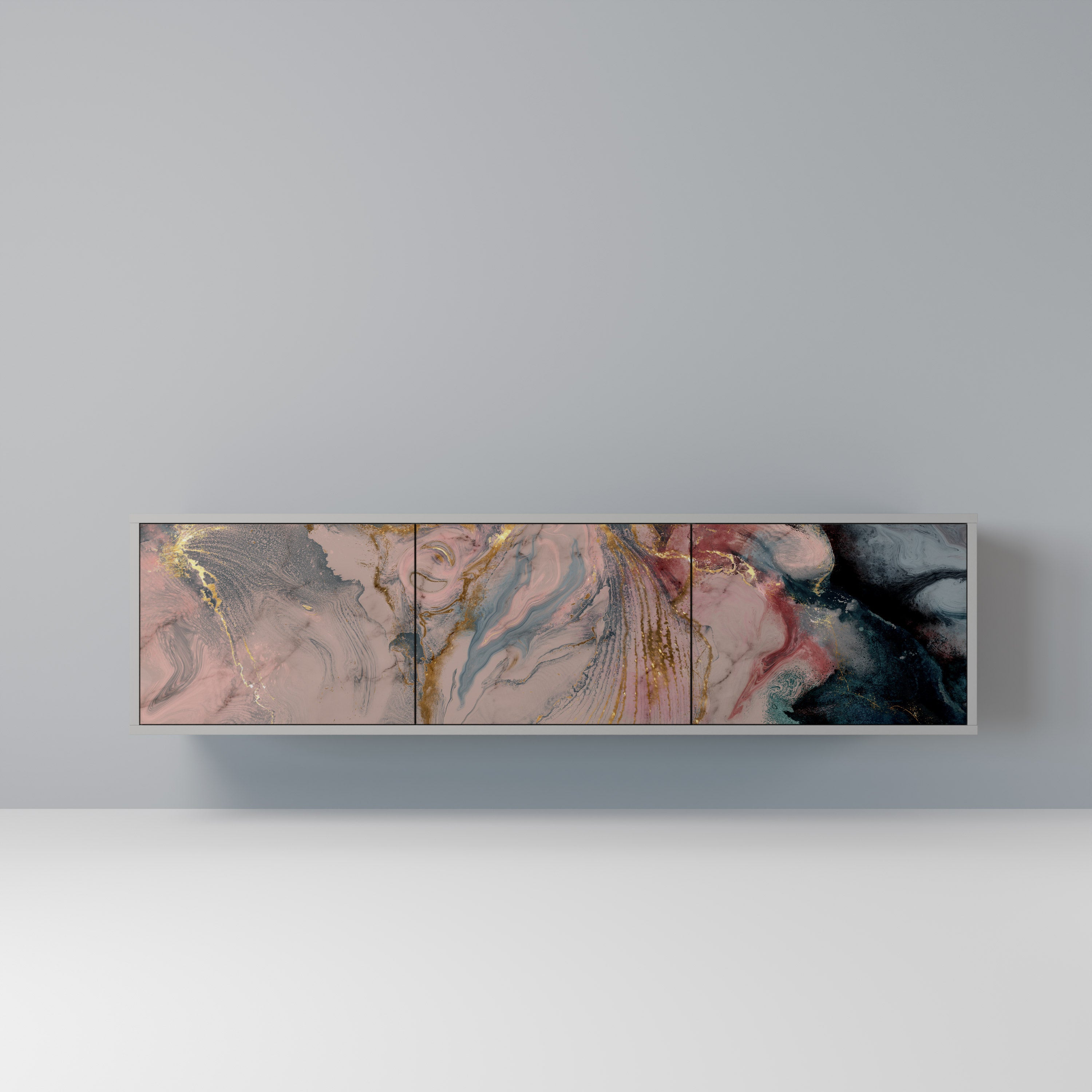Mueble de TV de 3 puertas GILDED SWIRLS en acabado gris