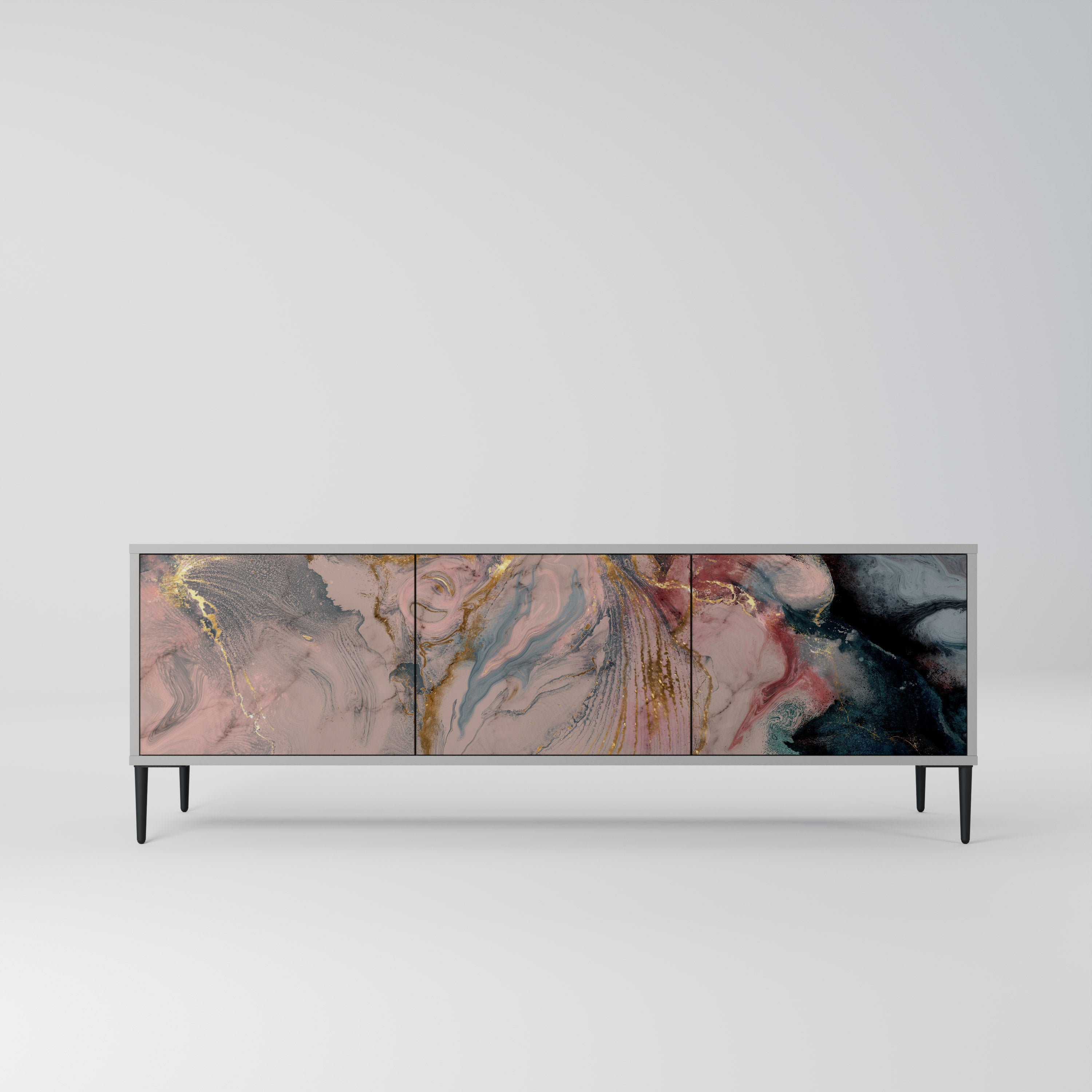 Mueble de TV de 3 puertas GILDED SWIRLS en acabado gris