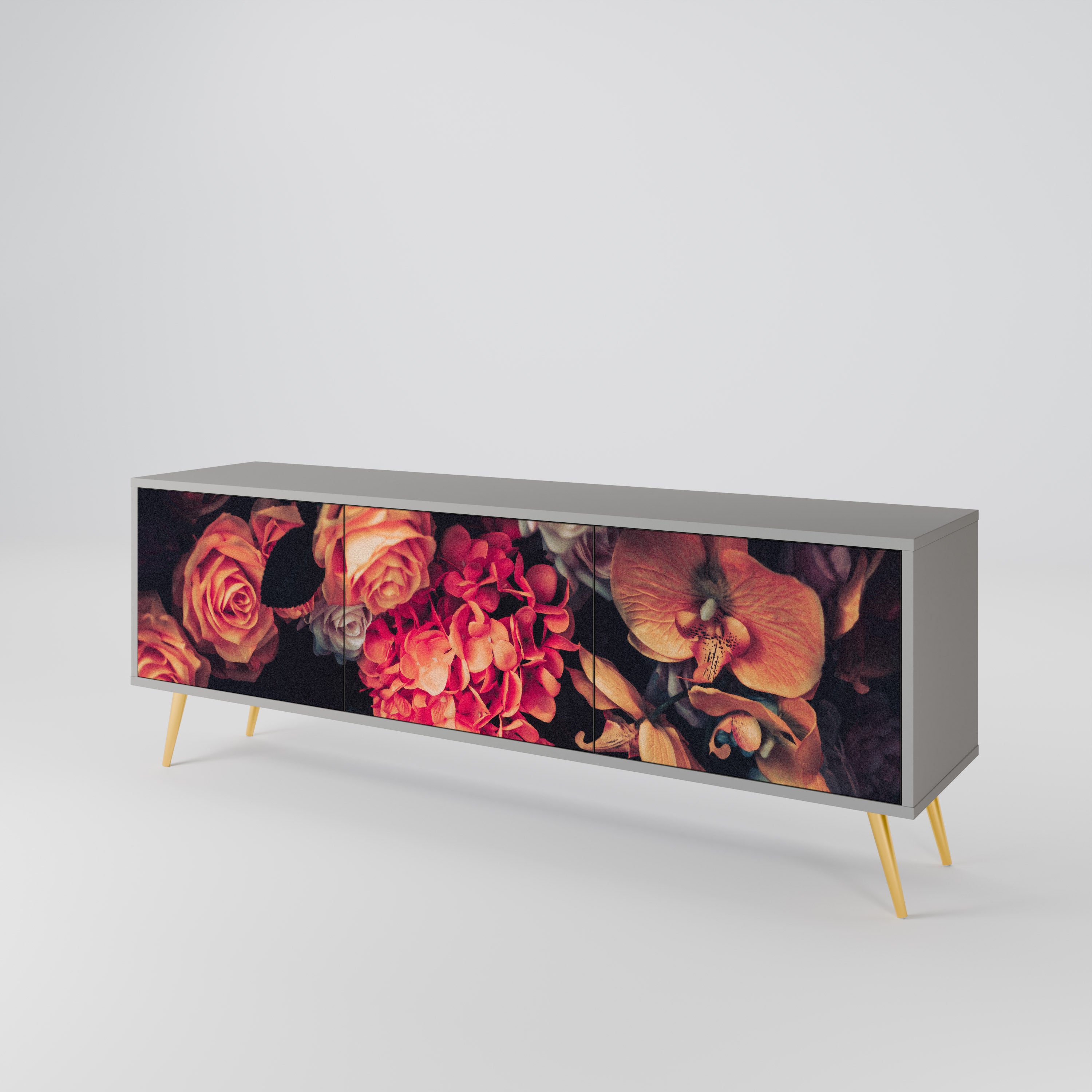 Mueble de TV de 3 puertas NEVERENDING BLOOM en acabado gris