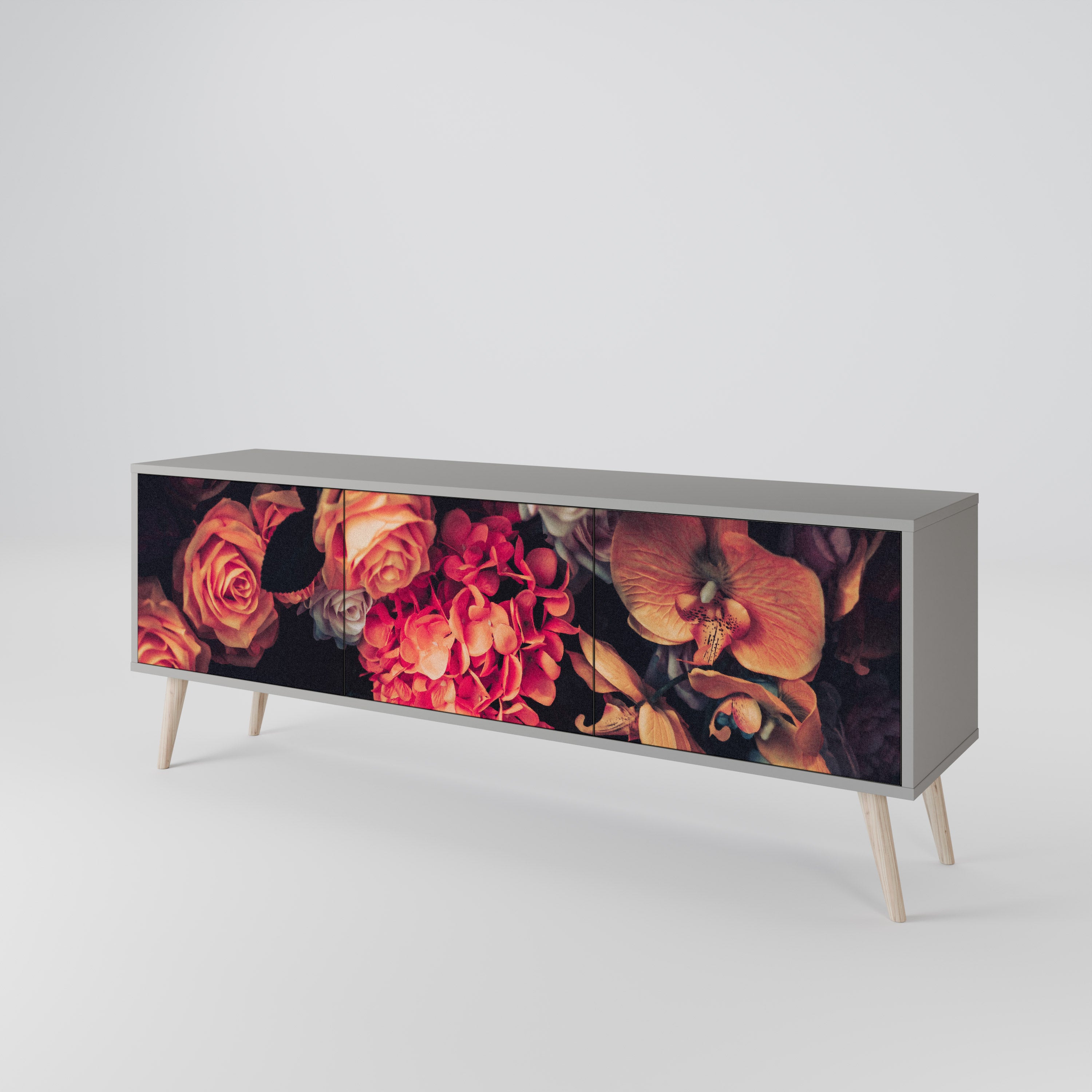 Mueble de TV de 3 puertas NEVERENDING BLOOM en acabado gris