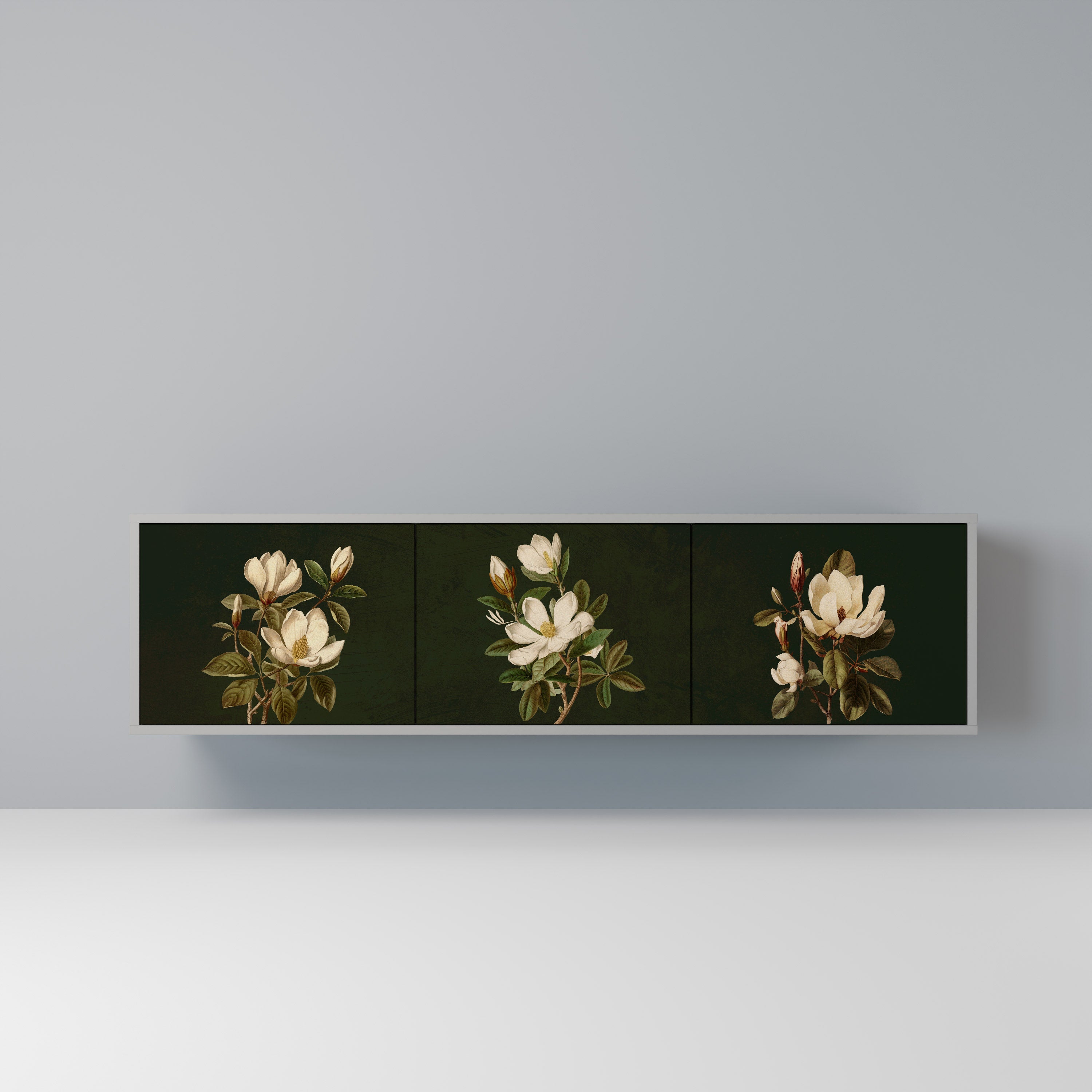 Mueble de TV de 3 puertas FLORAL NOIR en acabado gris