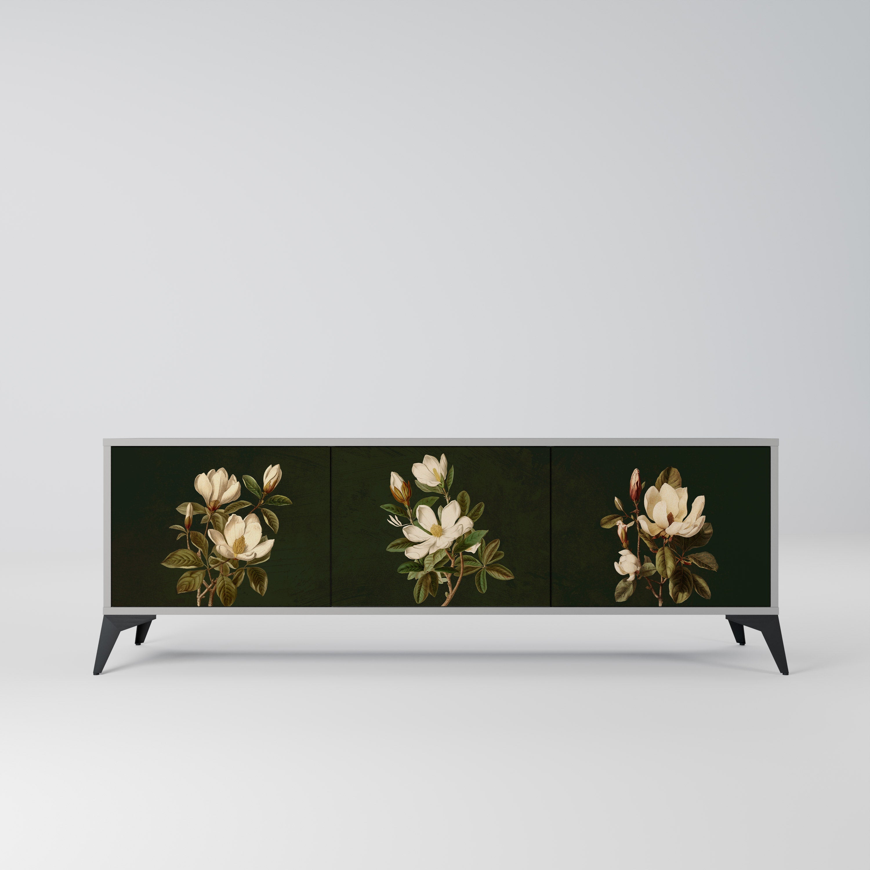 Mueble de TV de 3 puertas FLORAL NOIR en acabado gris
