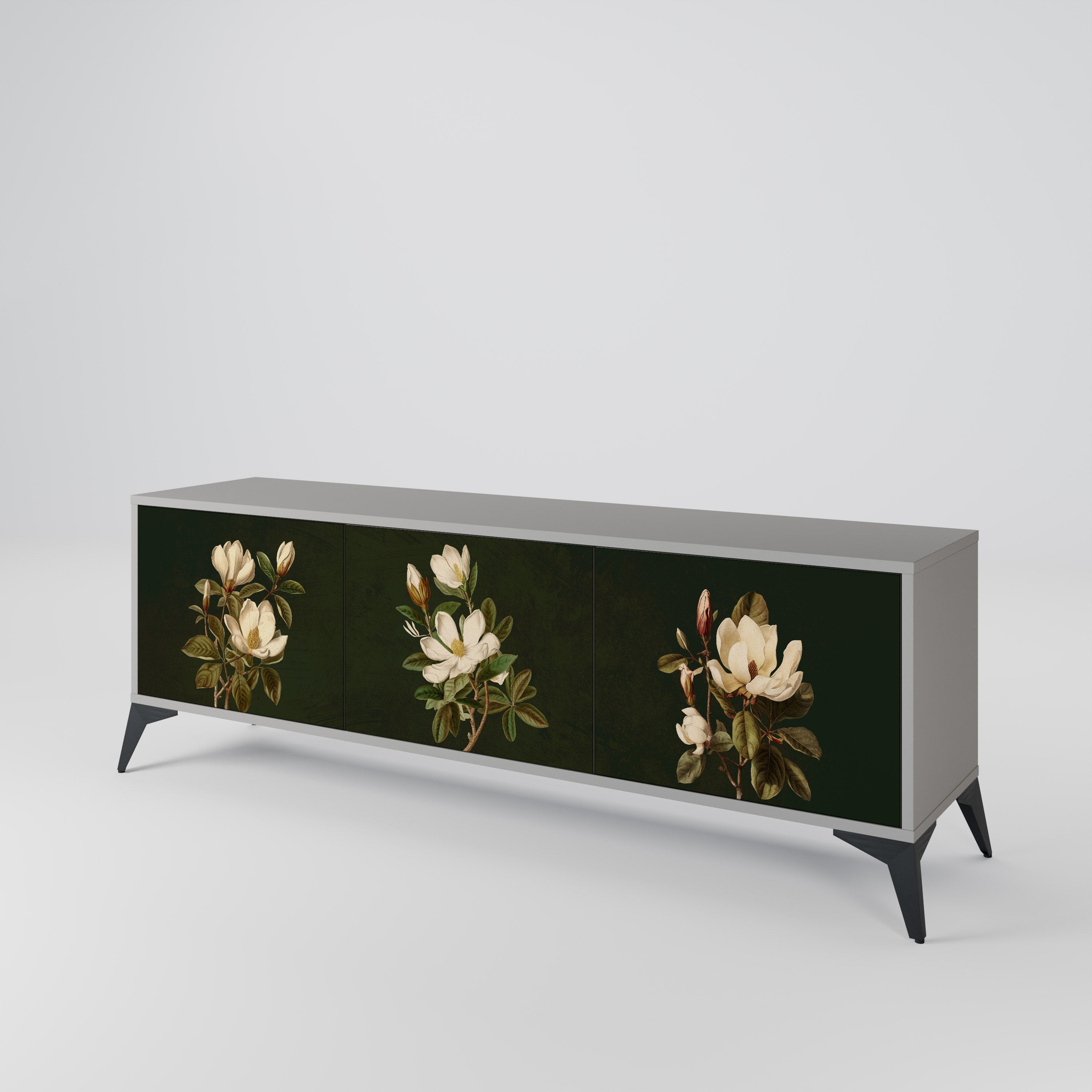 Mueble de TV de 3 puertas FLORAL NOIR en acabado gris