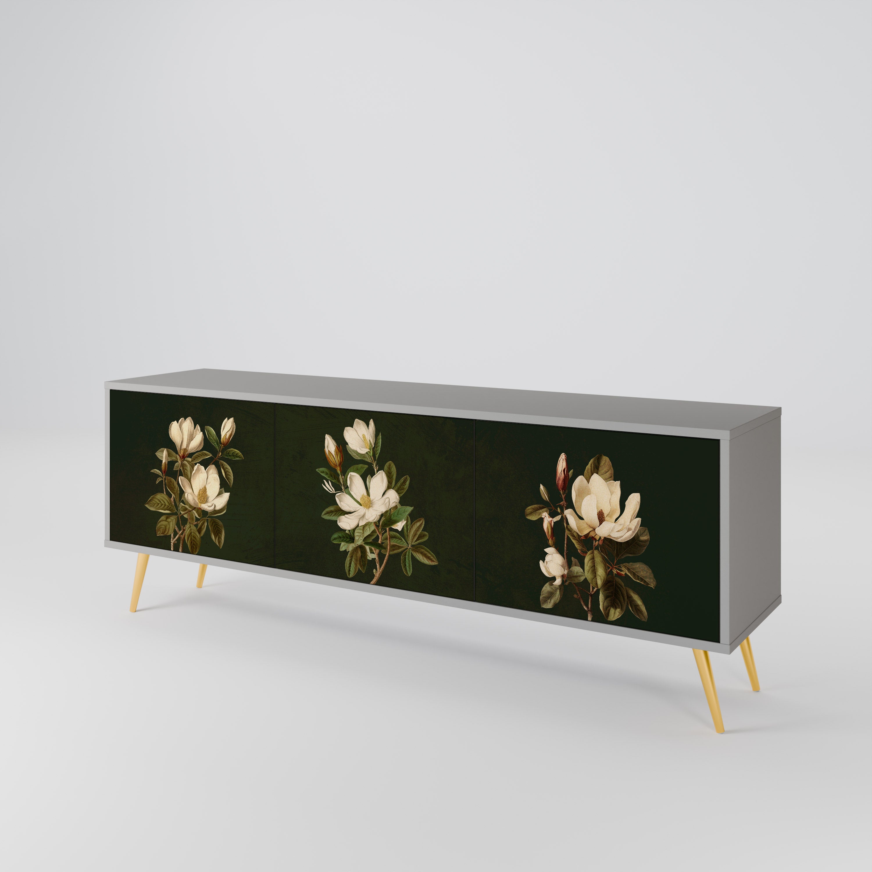 Mueble de TV de 3 puertas FLORAL NOIR en acabado gris