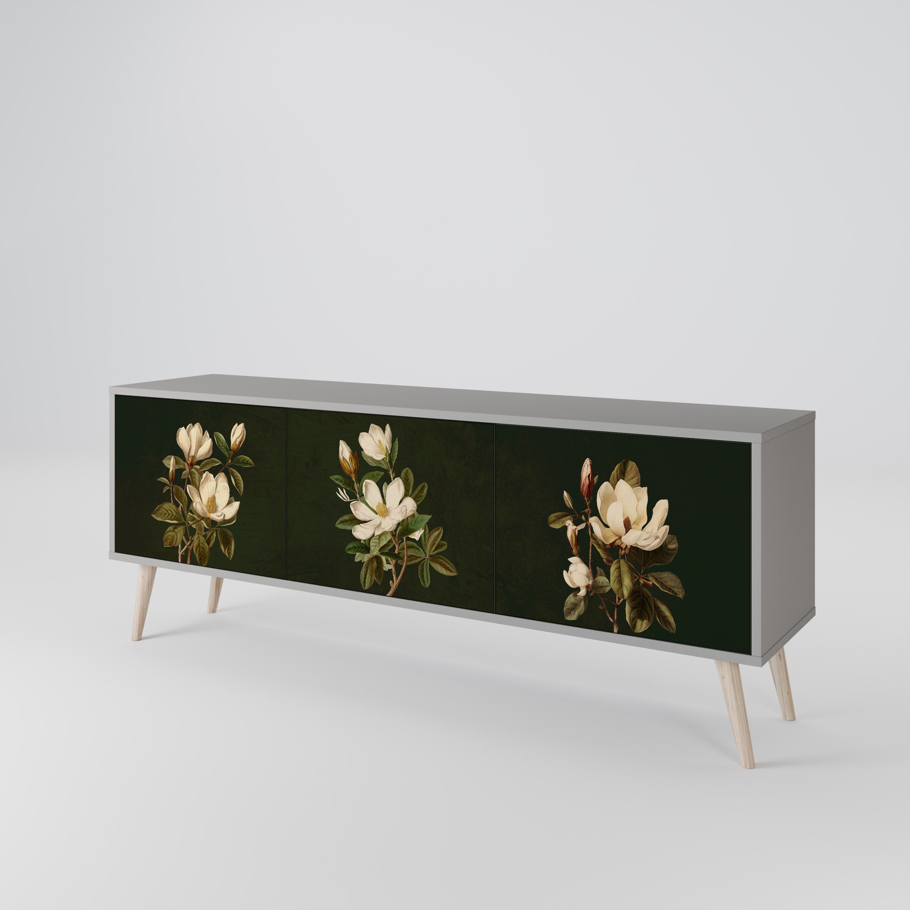 Mueble de TV de 3 puertas FLORAL NOIR en acabado gris