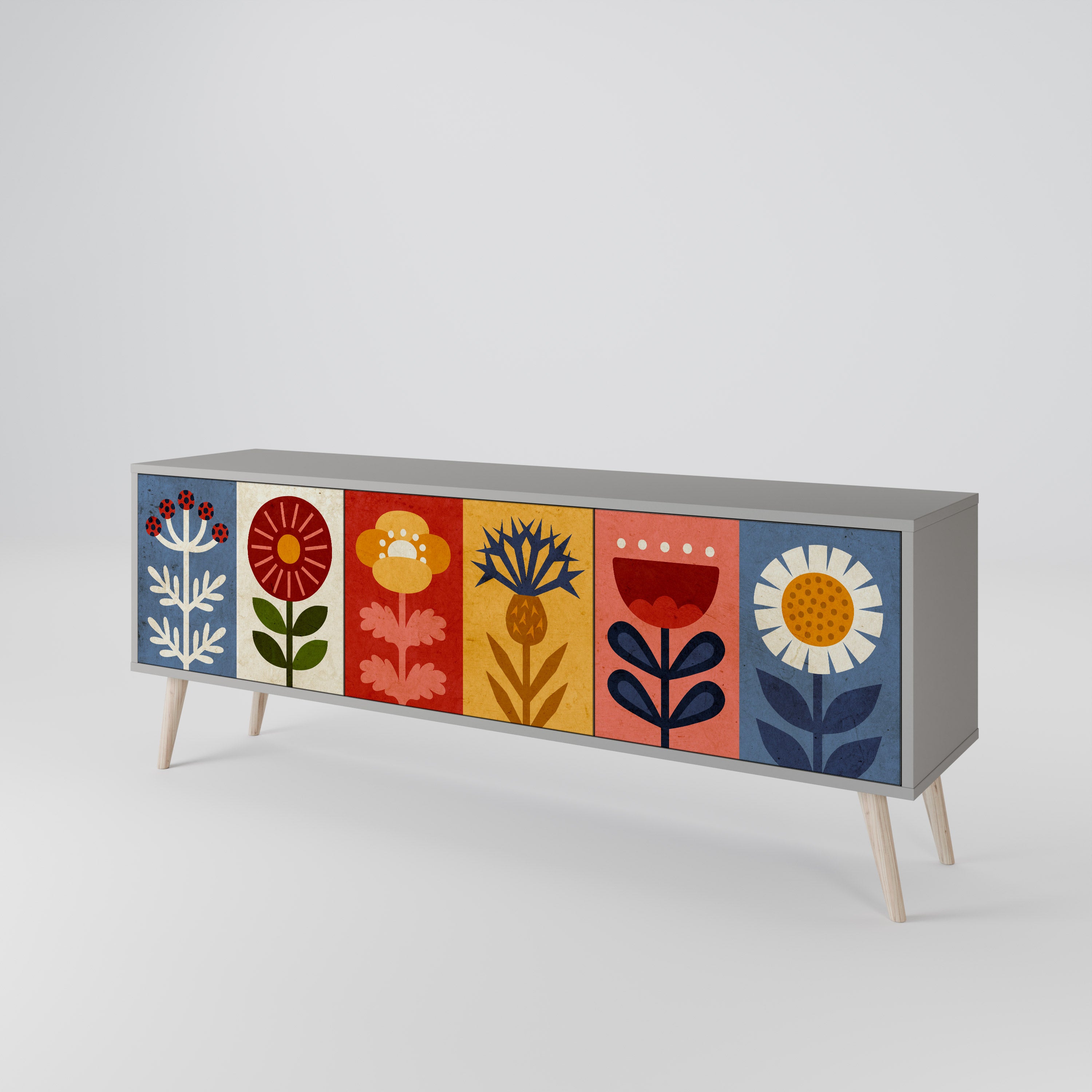 Mueble de TV SCANDIC FLOWERET de 3 puertas en acabado gris