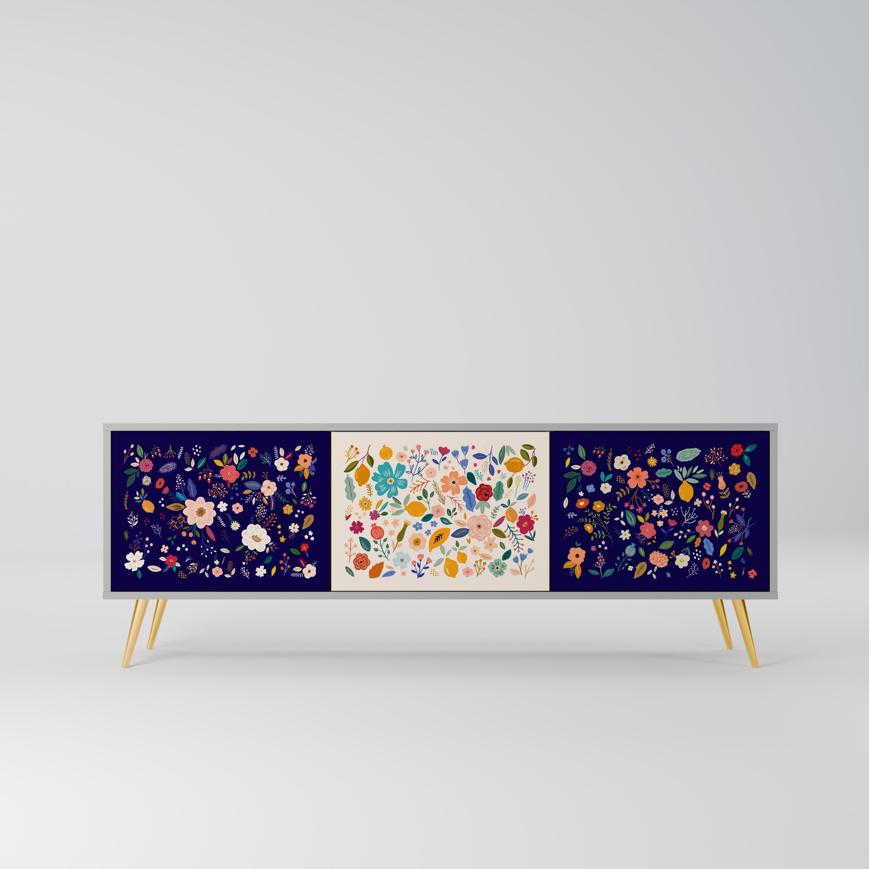 Mueble de TV de 3 puertas con combinación floral en acabado gris