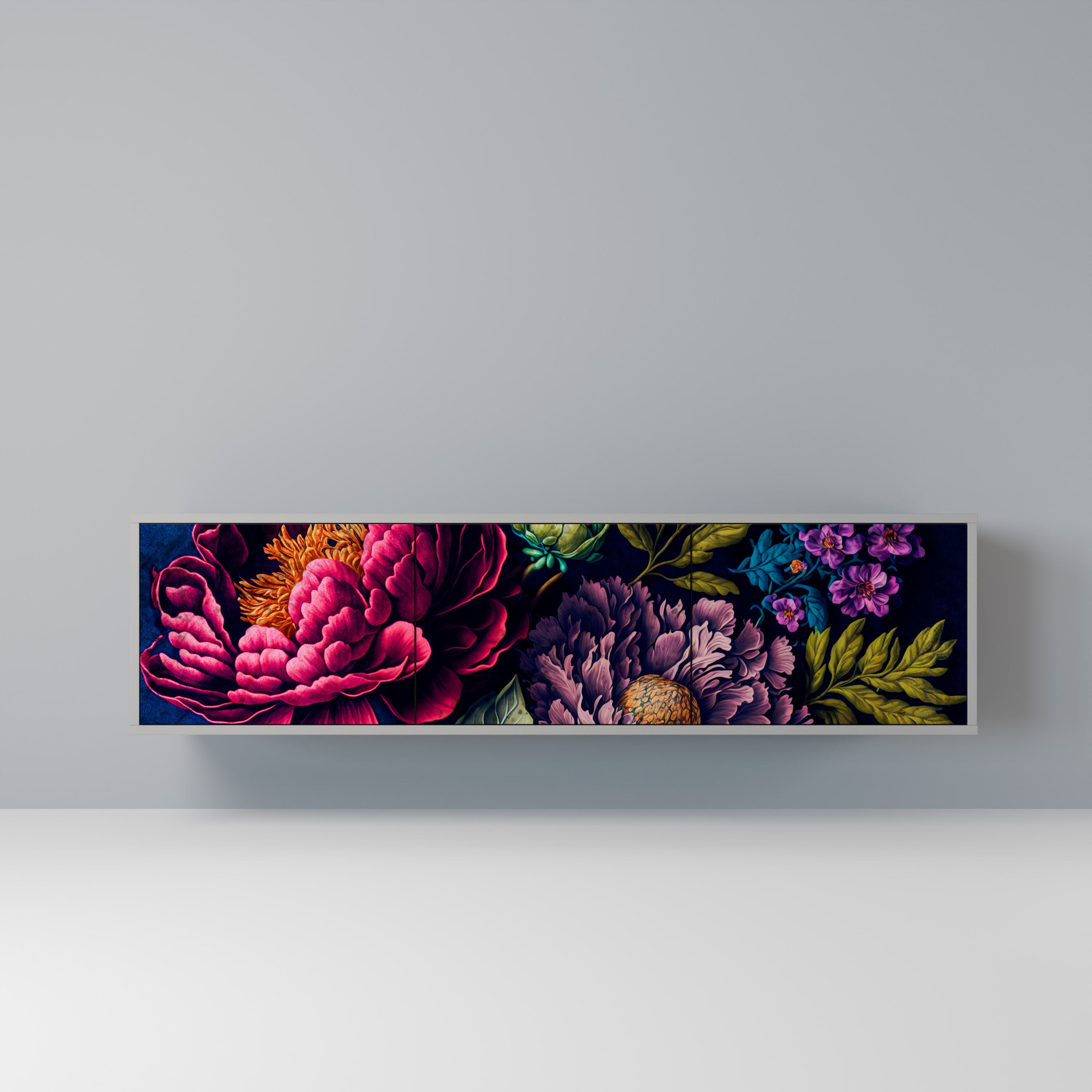 Mueble de TV de 3 puertas BLOOMING ELEGANCE en acabado gris