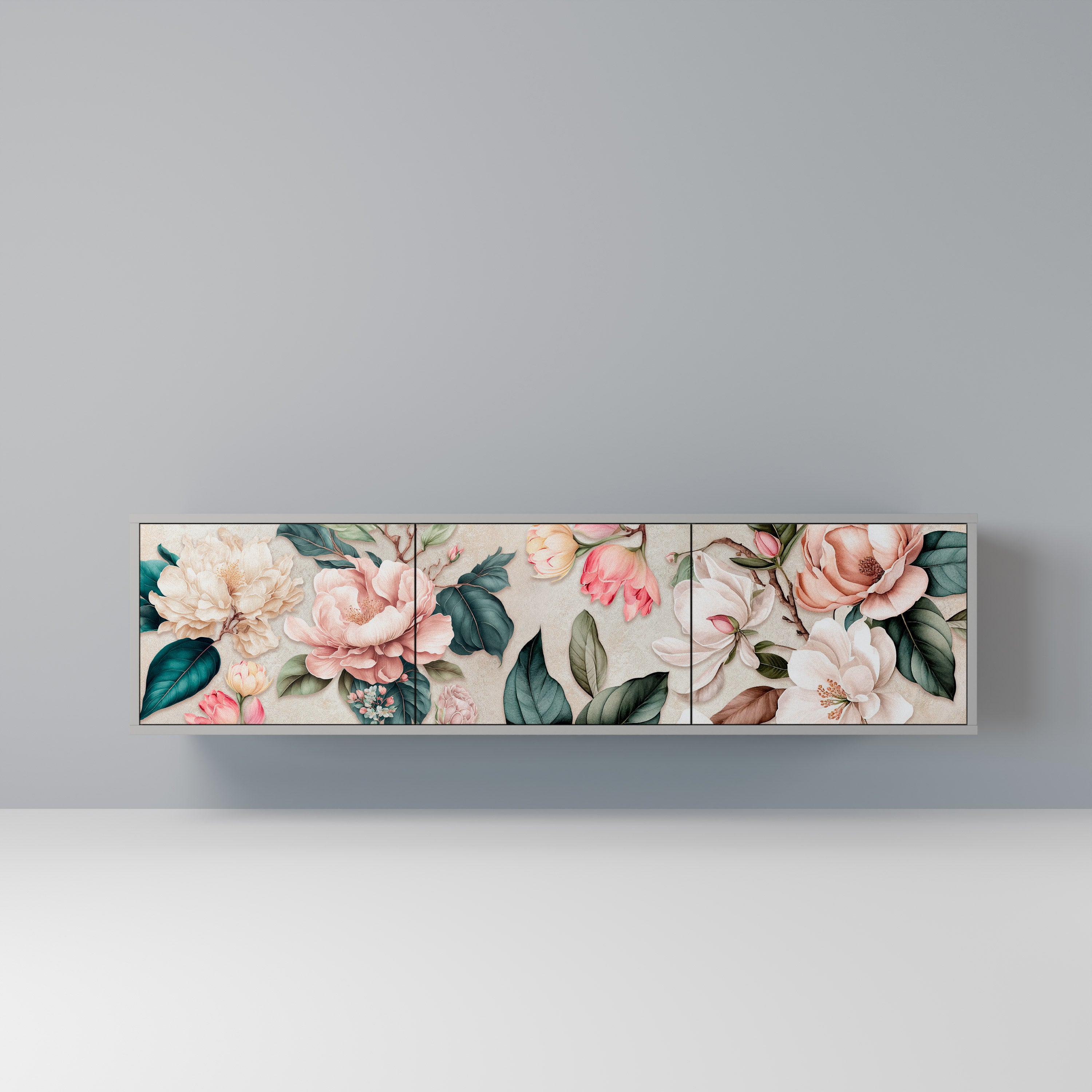 Mueble de TV de 3 puertas FLORAL GRACE en acabado gris