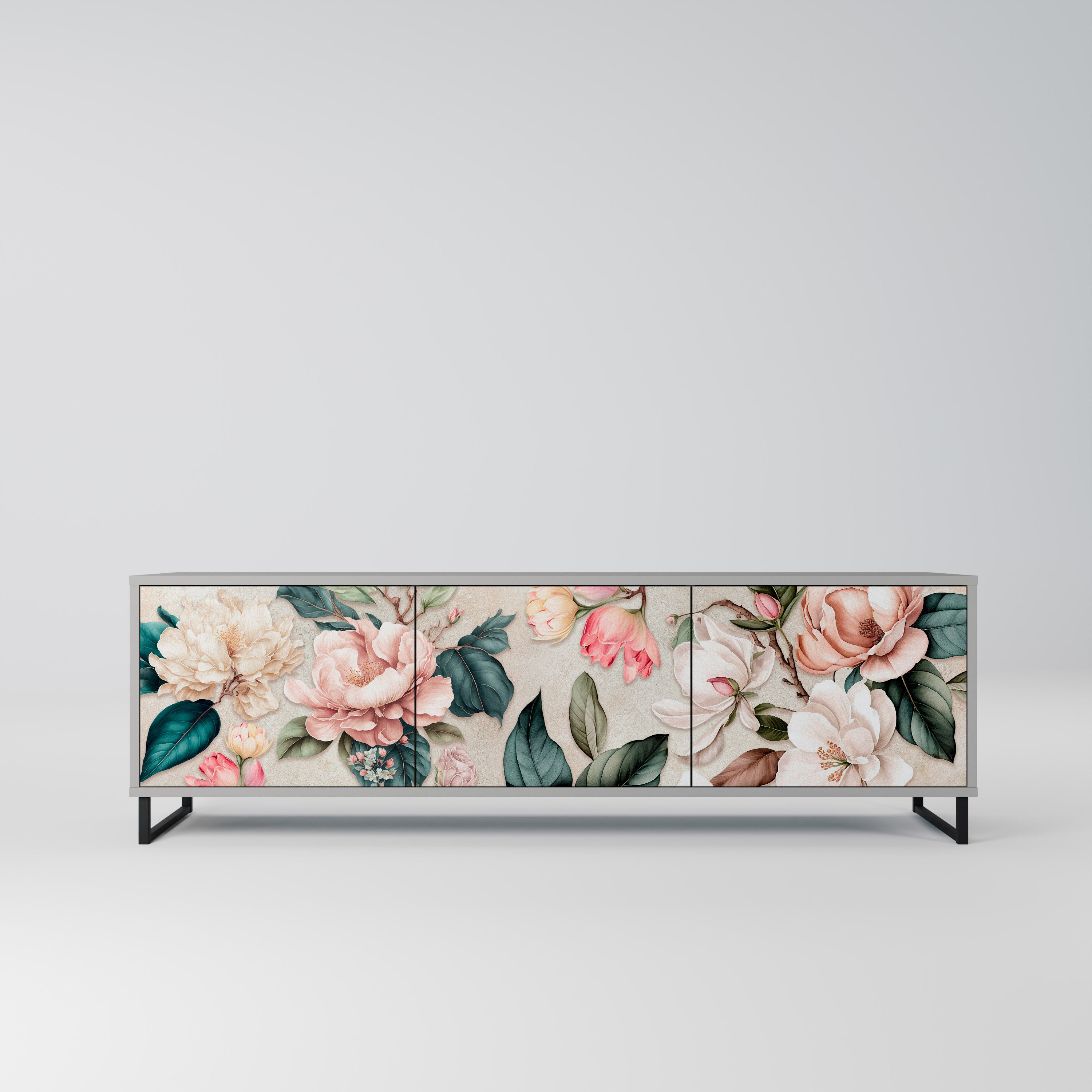 Mueble de TV de 3 puertas FLORAL GRACE en acabado gris