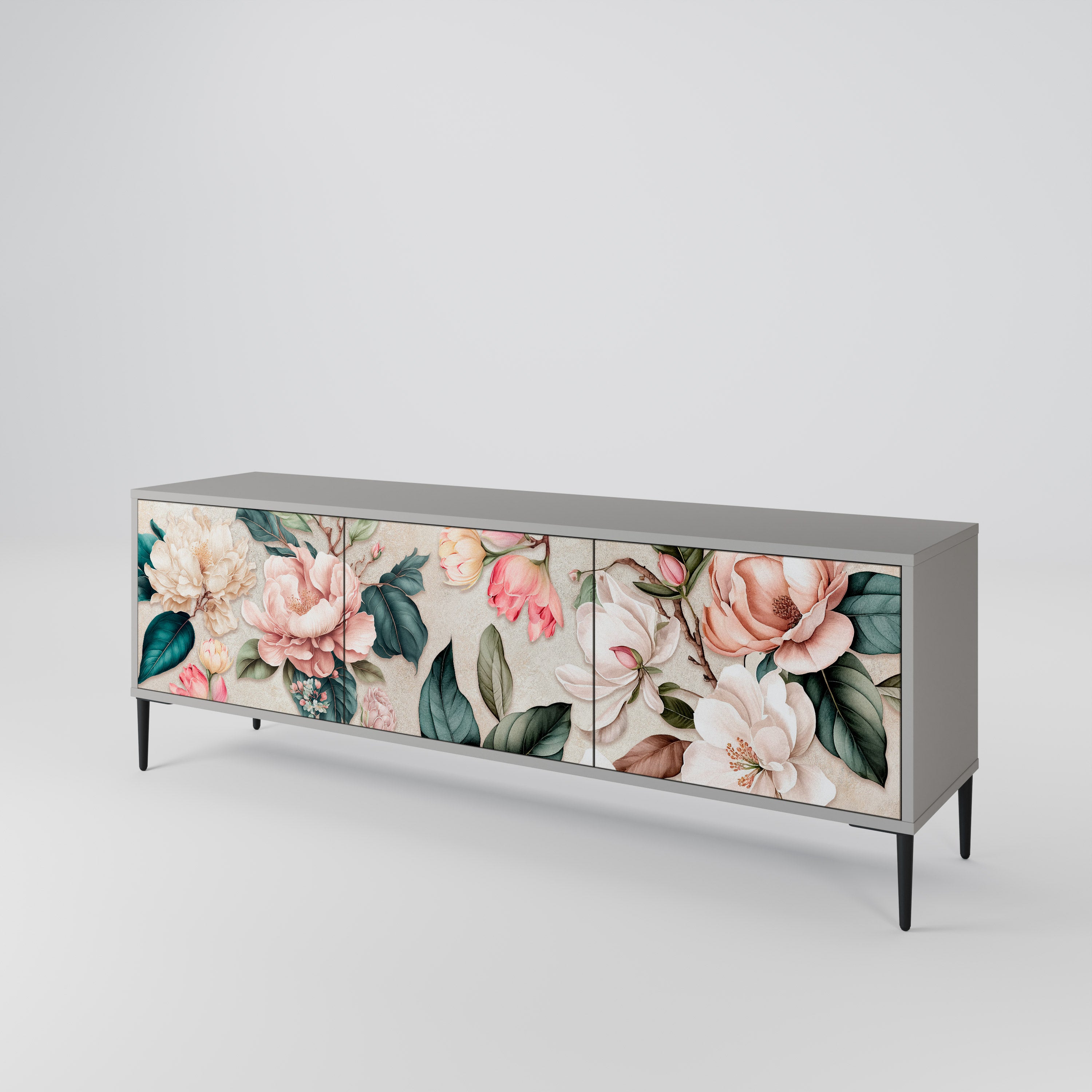 Mueble de TV de 3 puertas FLORAL GRACE en acabado gris