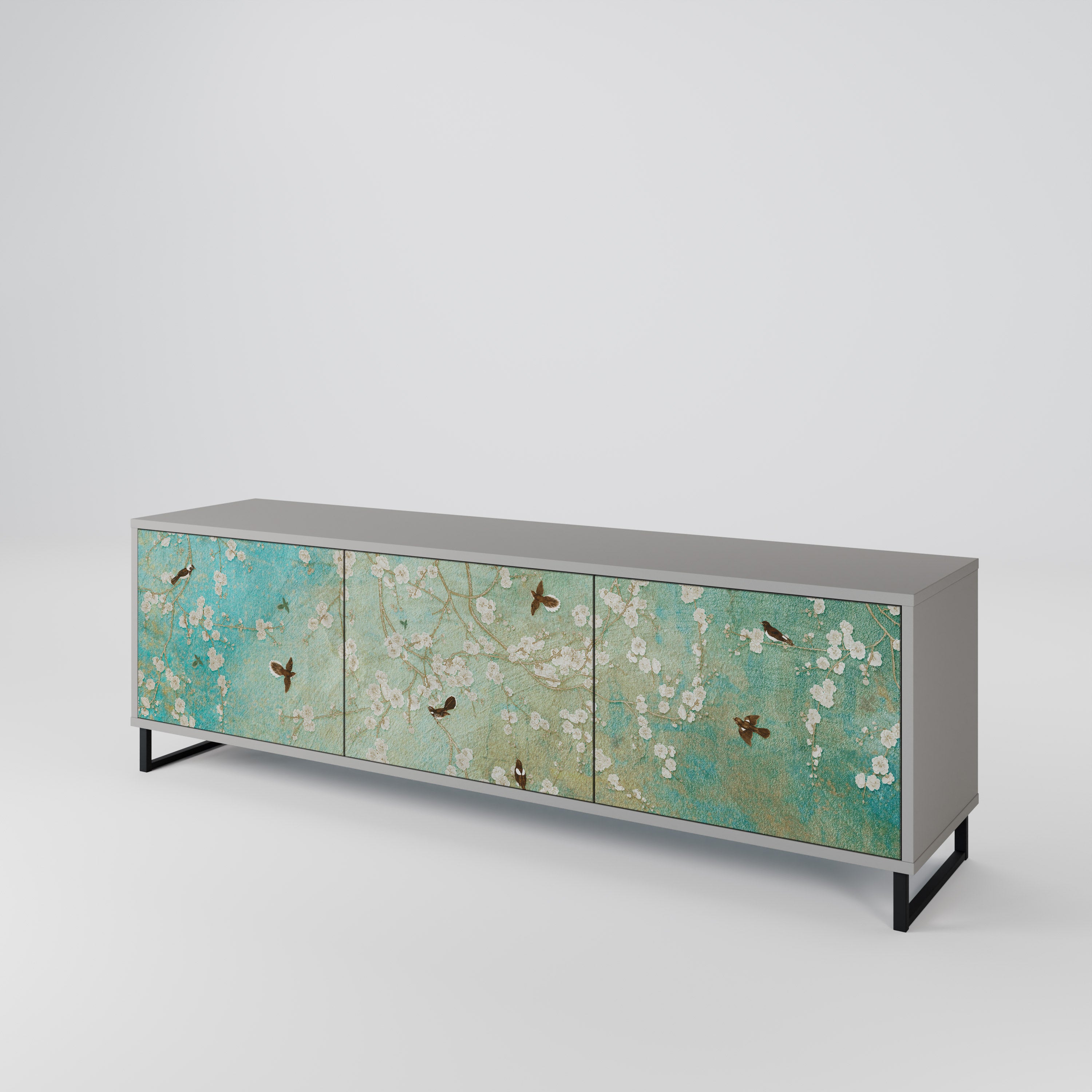 Mueble de TV de 3 puertas BLOOMING CHARM en acabado gris