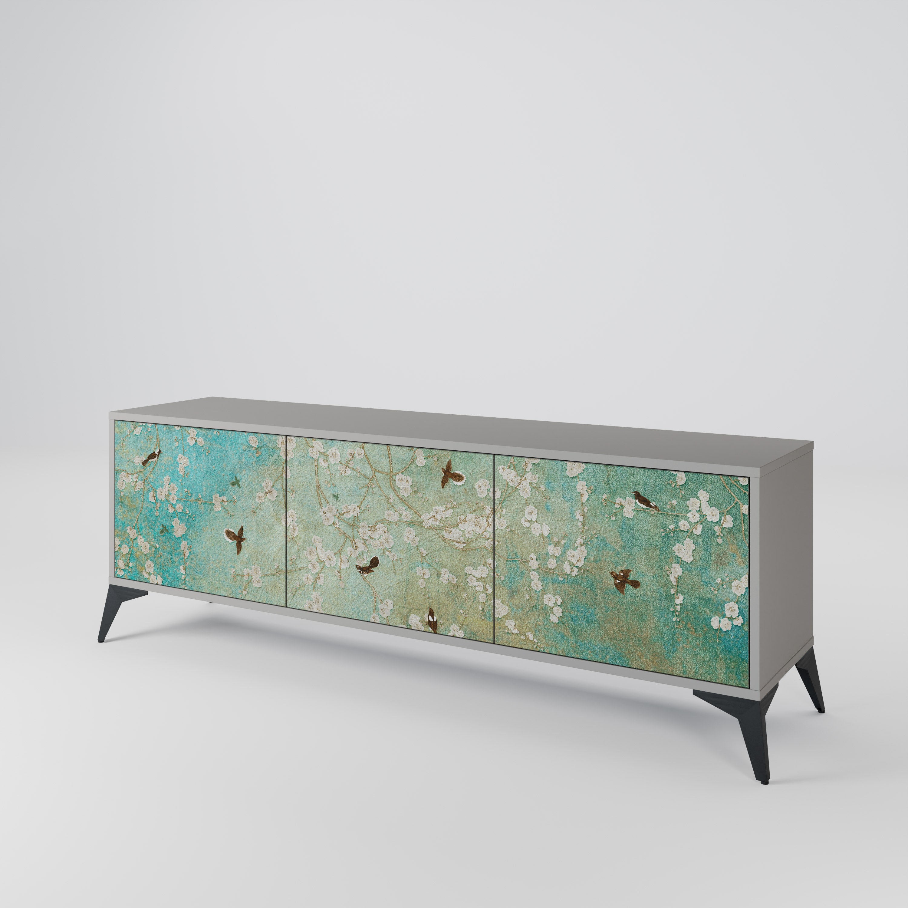 Mueble de TV de 3 puertas BLOOMING CHARM en acabado gris