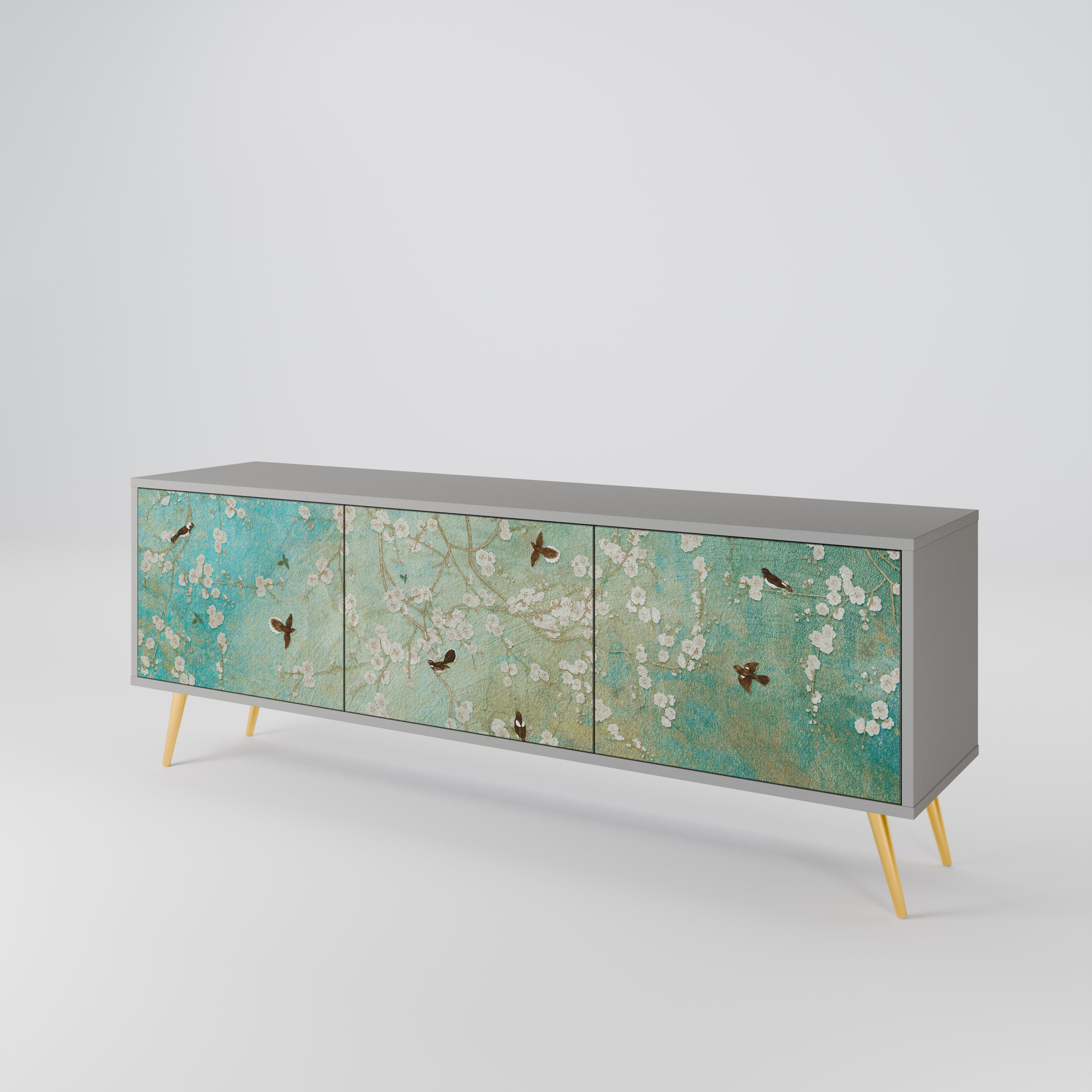 Mueble de TV de 3 puertas BLOOMING CHARM en acabado gris