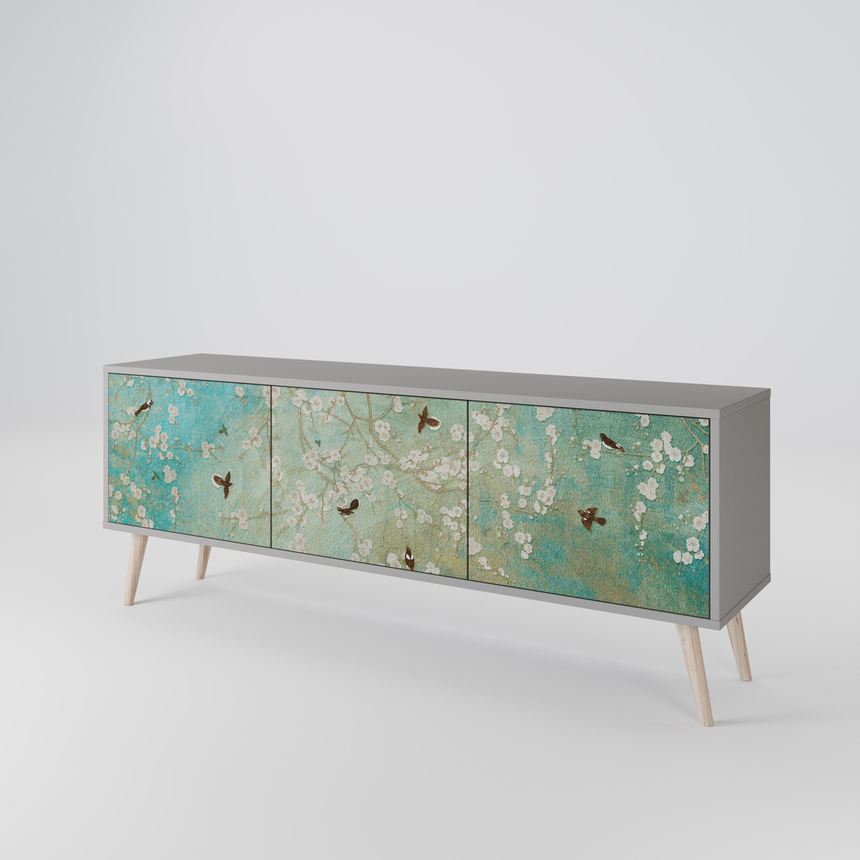 Mueble de TV de 3 puertas BLOOMING CHARM en acabado gris