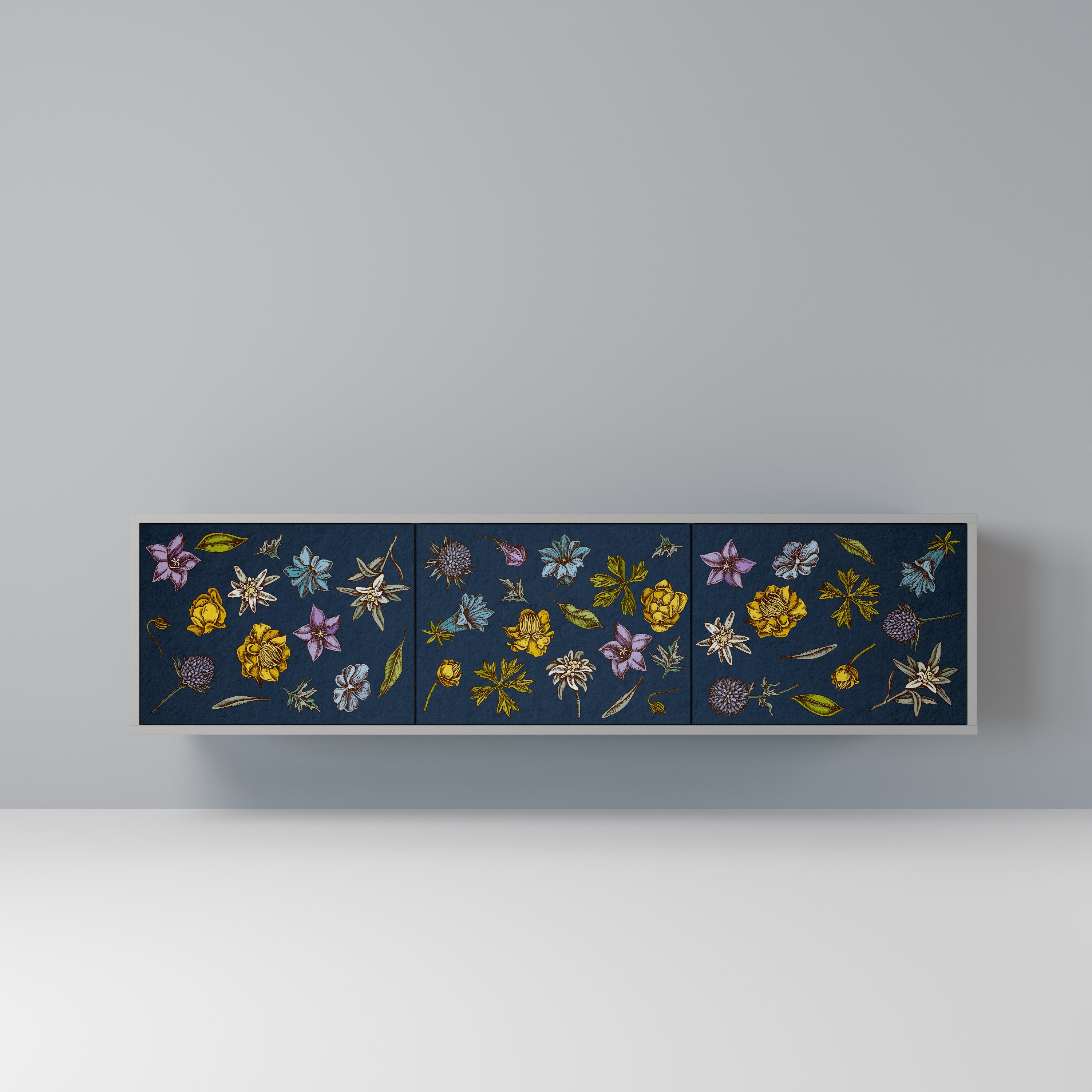 Mueble de TV de 3 puertas con diseño de flores en azul marino y acabado gris