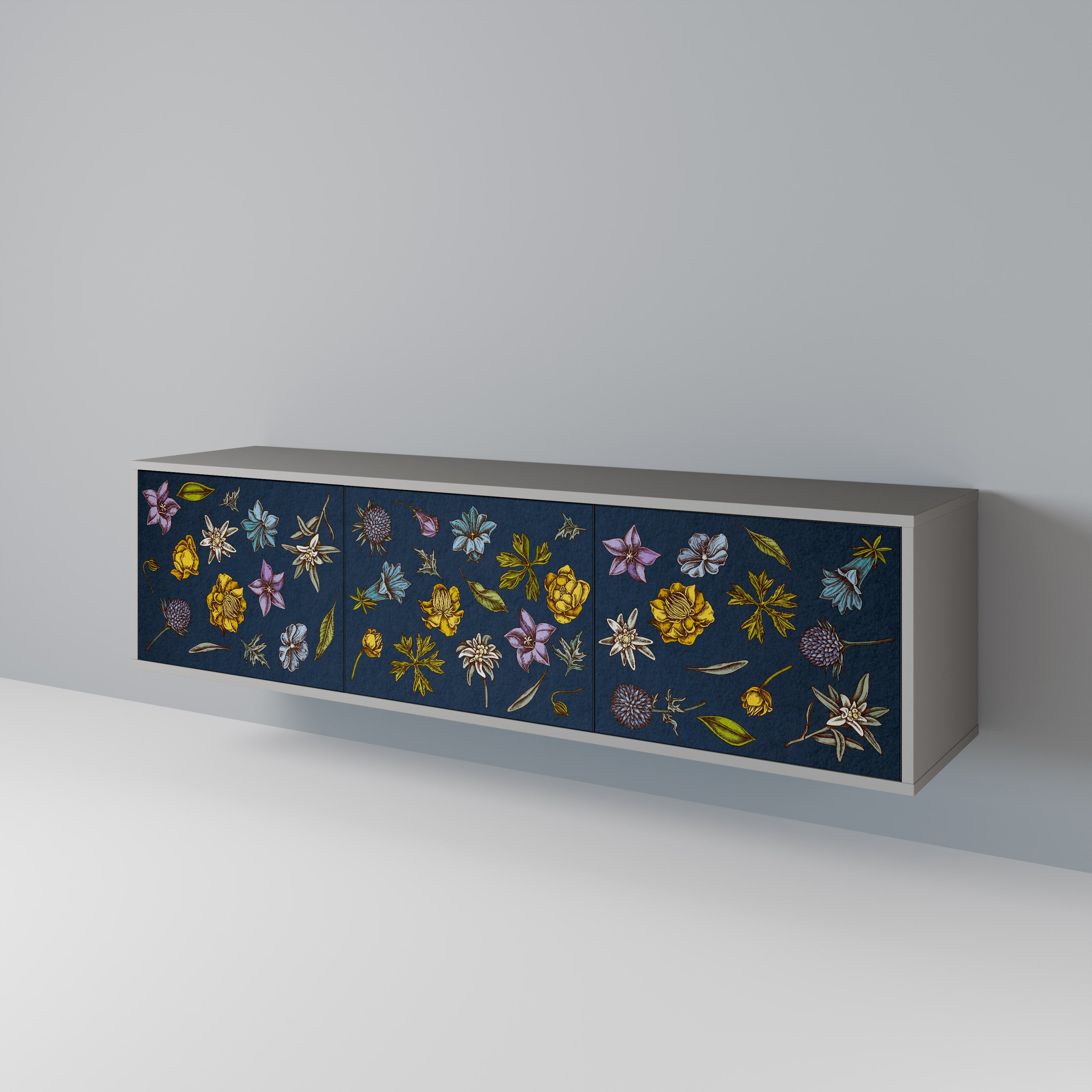 Mueble de TV de 3 puertas con diseño de flores en azul marino y acabado gris