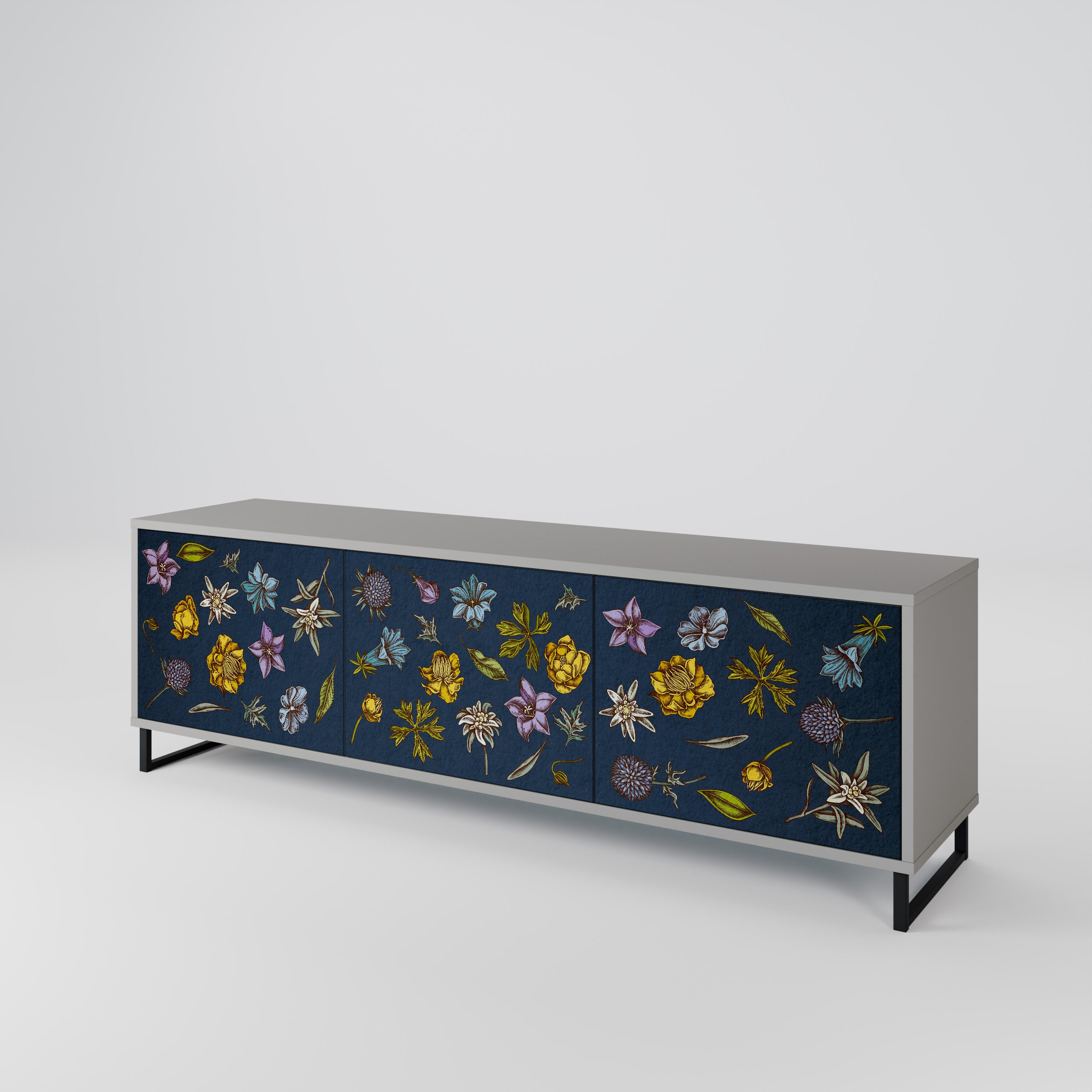 Mueble de TV de 3 puertas con diseño de flores en azul marino y acabado gris