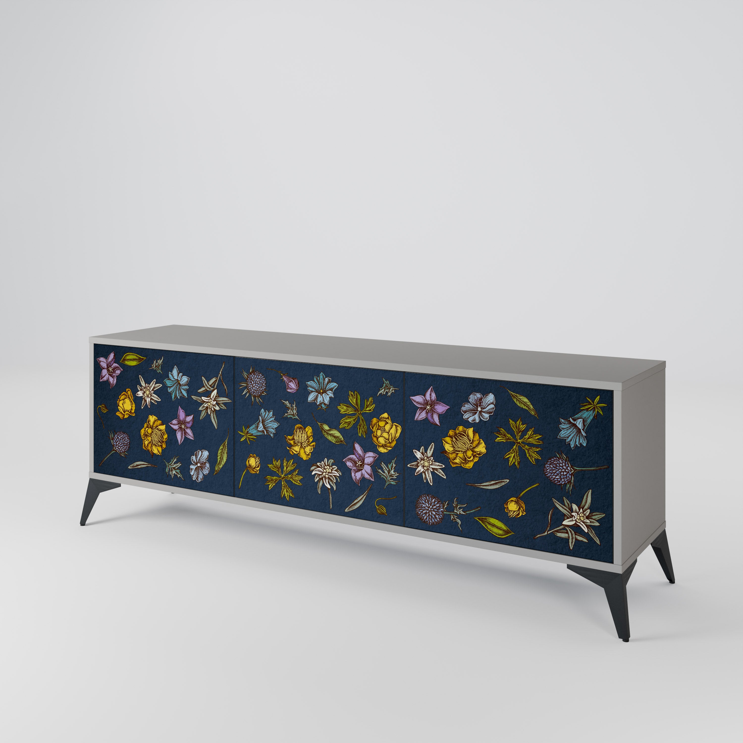 Mueble de TV de 3 puertas con diseño de flores en azul marino y acabado gris
