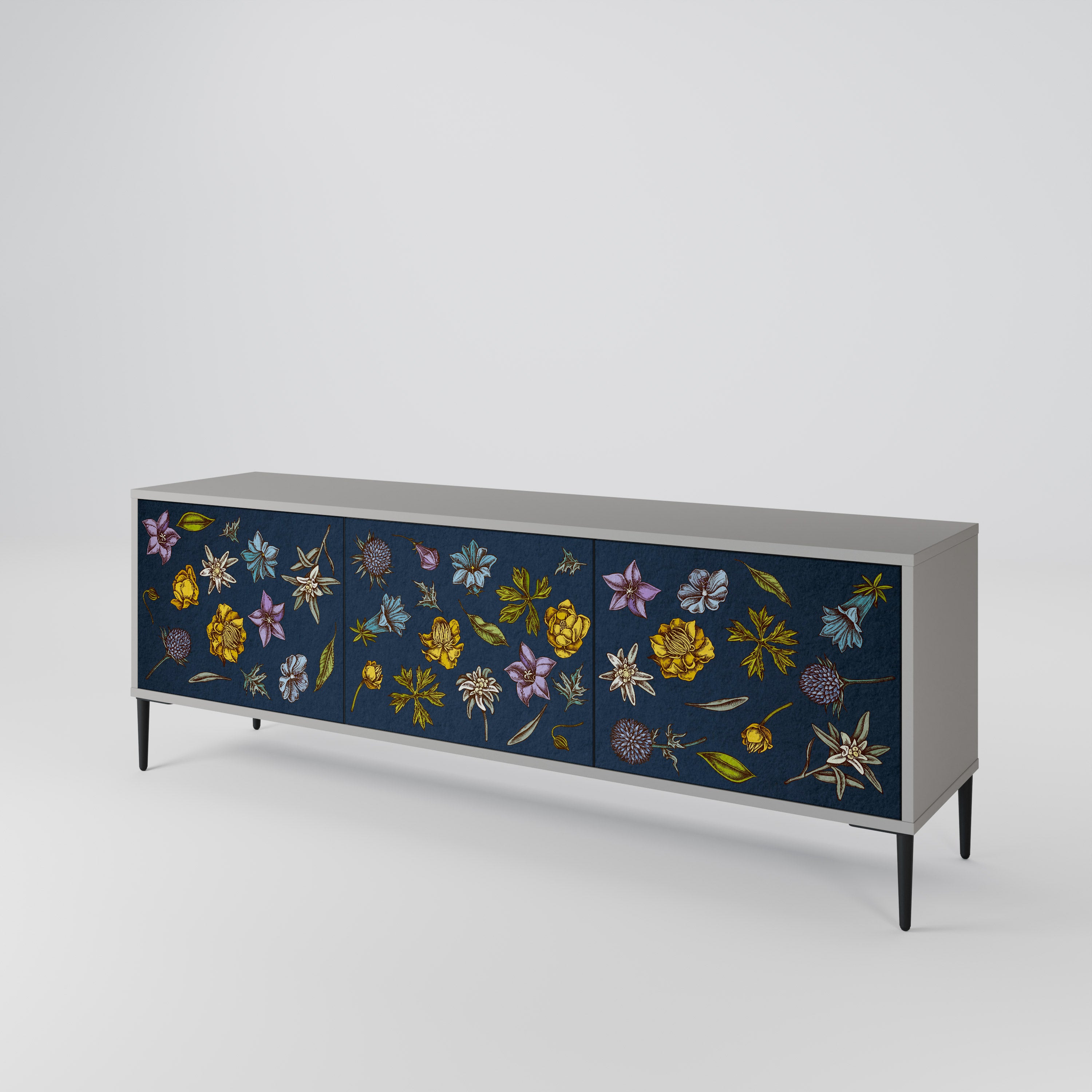 Mueble de TV de 3 puertas con diseño de flores en azul marino y acabado gris