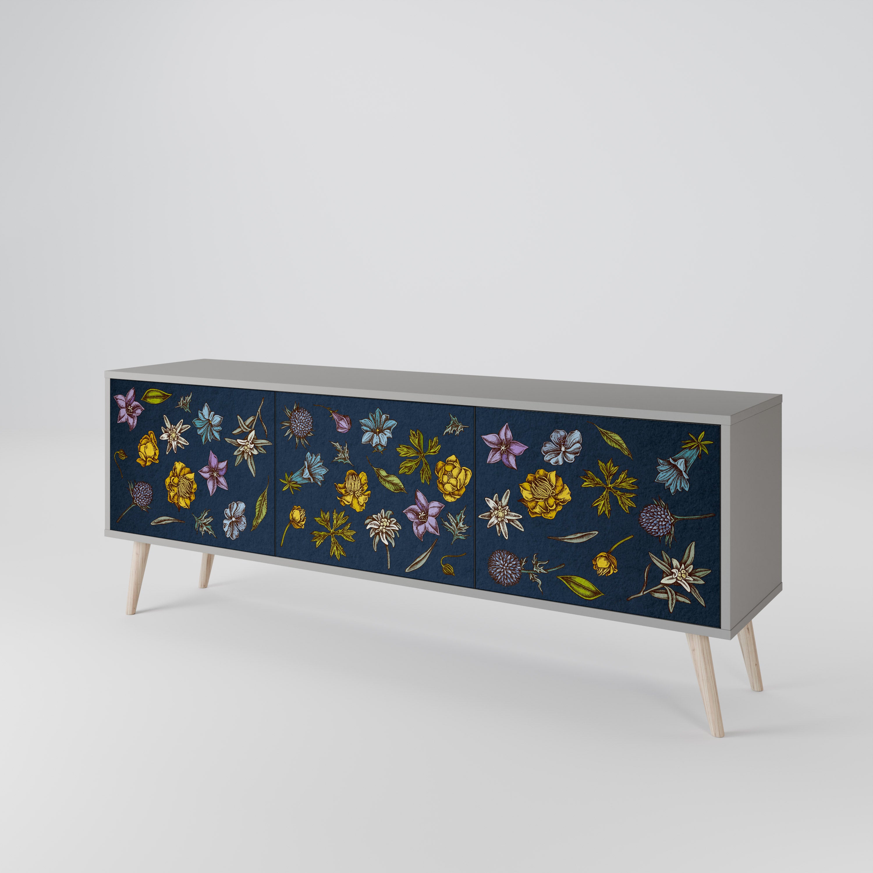 Mueble de TV de 3 puertas con diseño de flores en azul marino y acabado gris