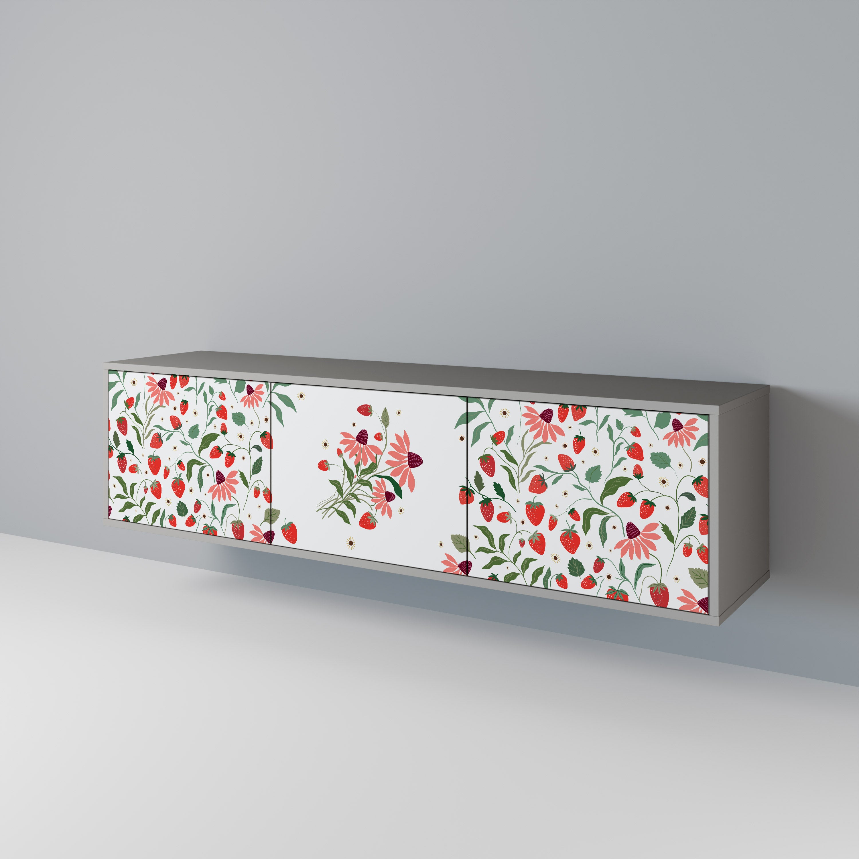 Mueble de TV de 3 puertas FLORES Y FRESAS en acabado gris