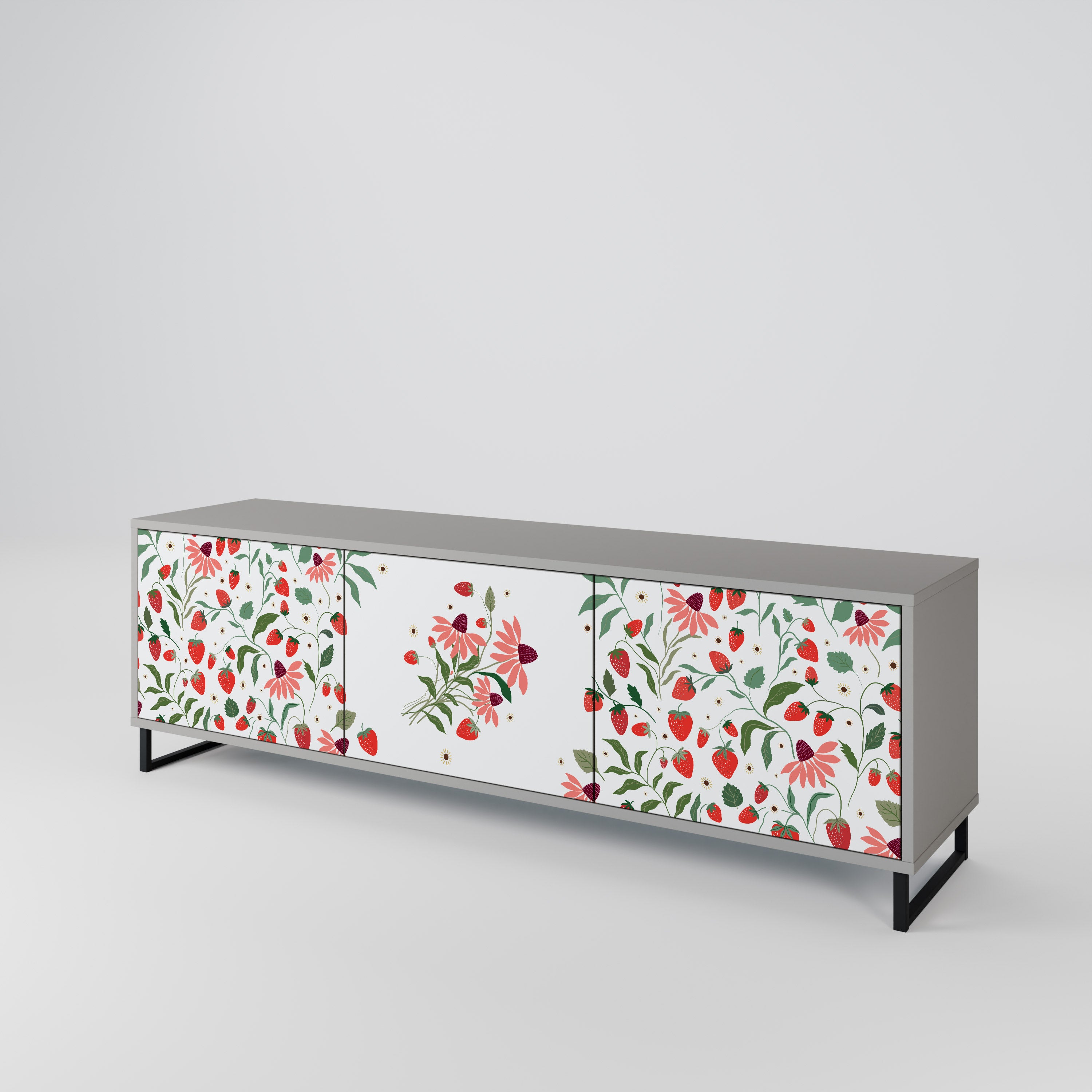 Mueble de TV de 3 puertas FLORES Y FRESAS en acabado gris