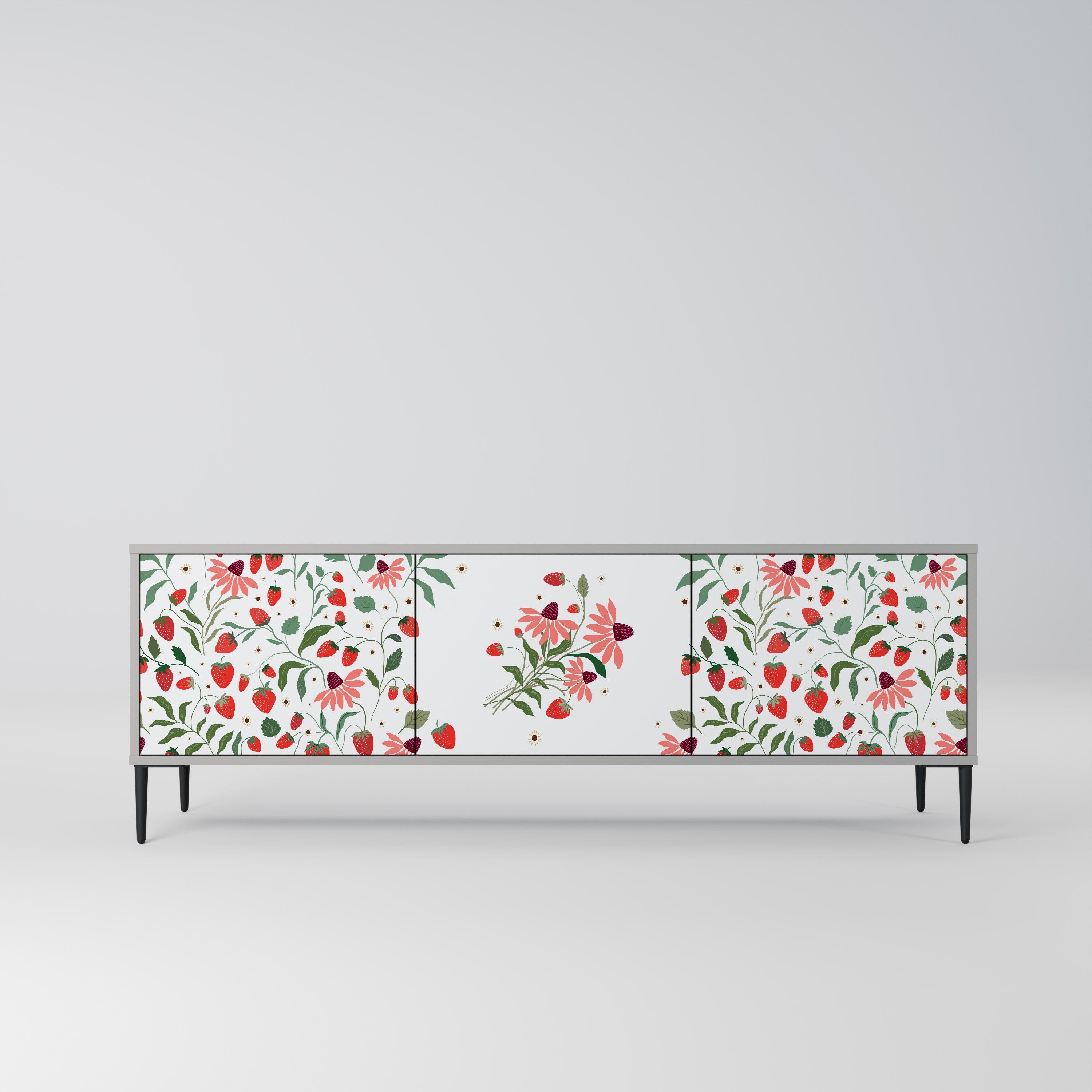 Mueble de TV de 3 puertas FLORES Y FRESAS en acabado gris