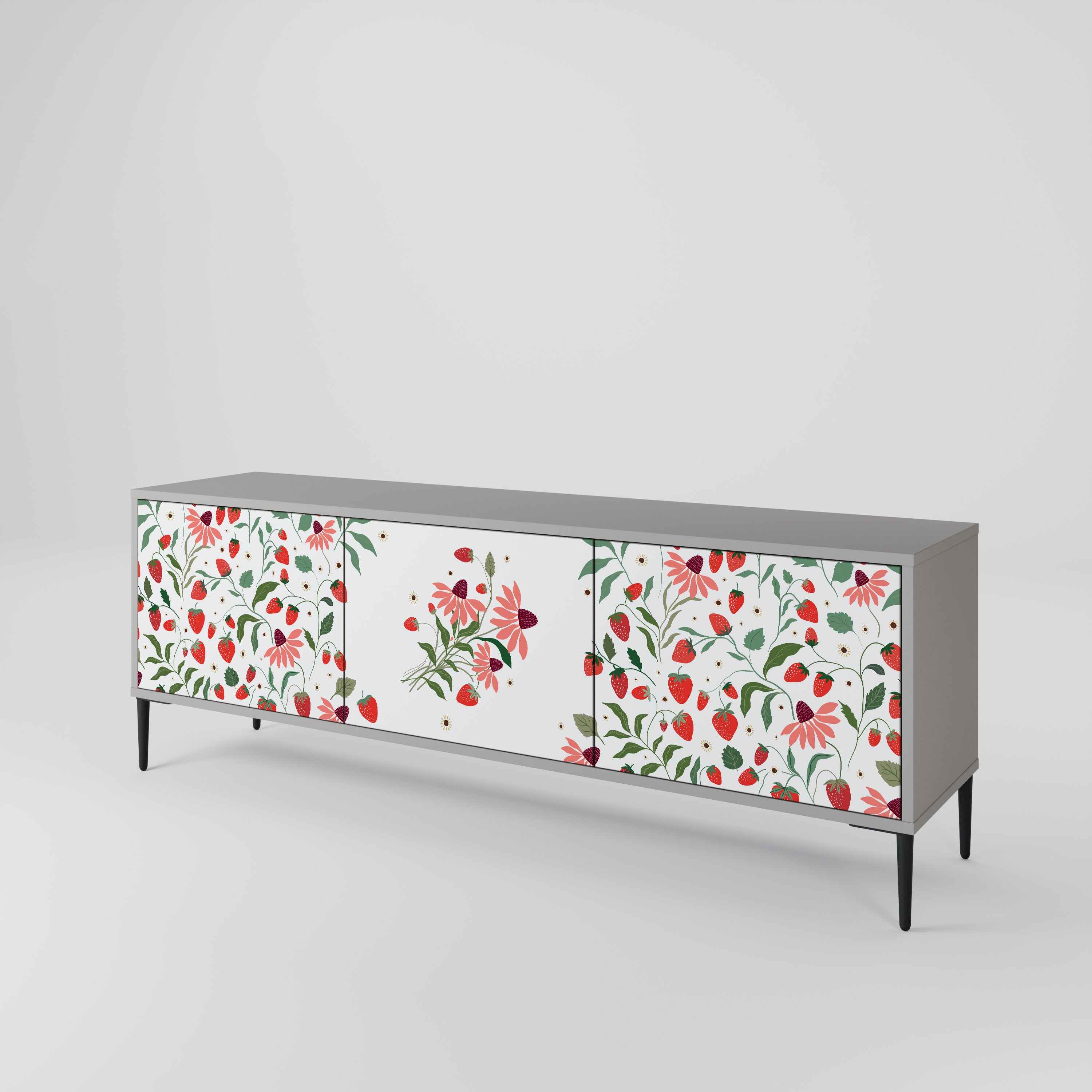 Mueble de TV de 3 puertas FLORES Y FRESAS en acabado gris