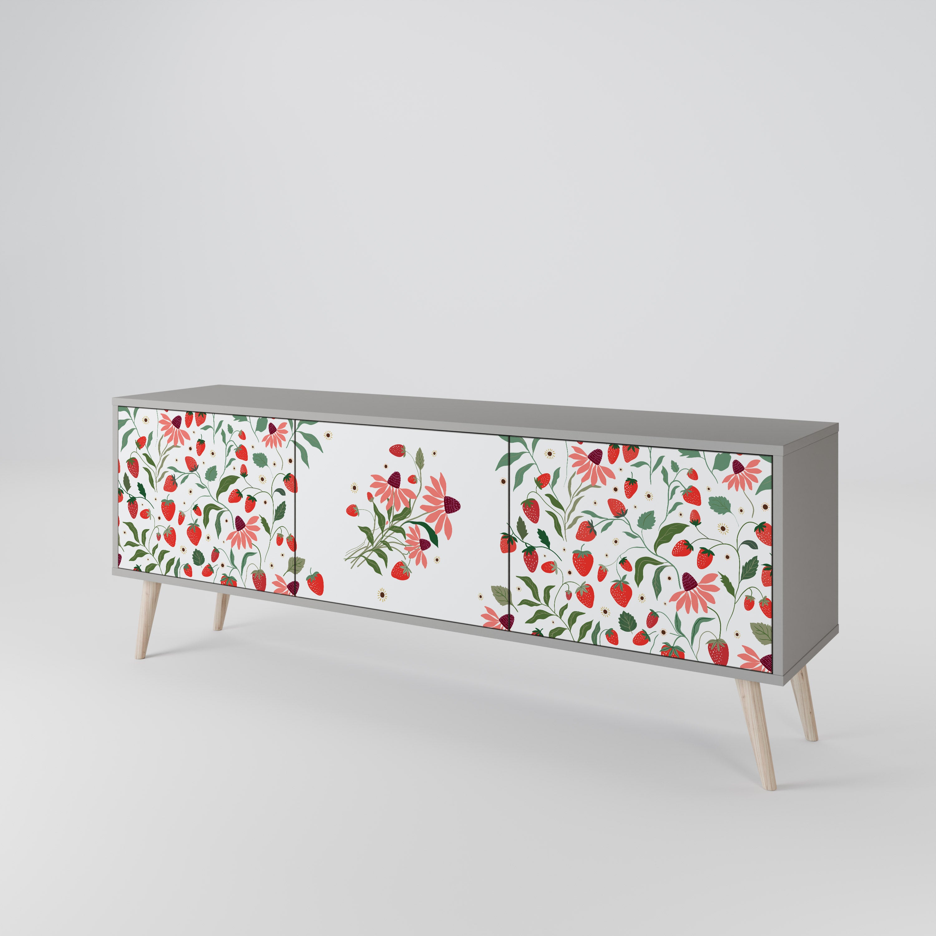 Mueble de TV de 3 puertas FLORES Y FRESAS en acabado gris