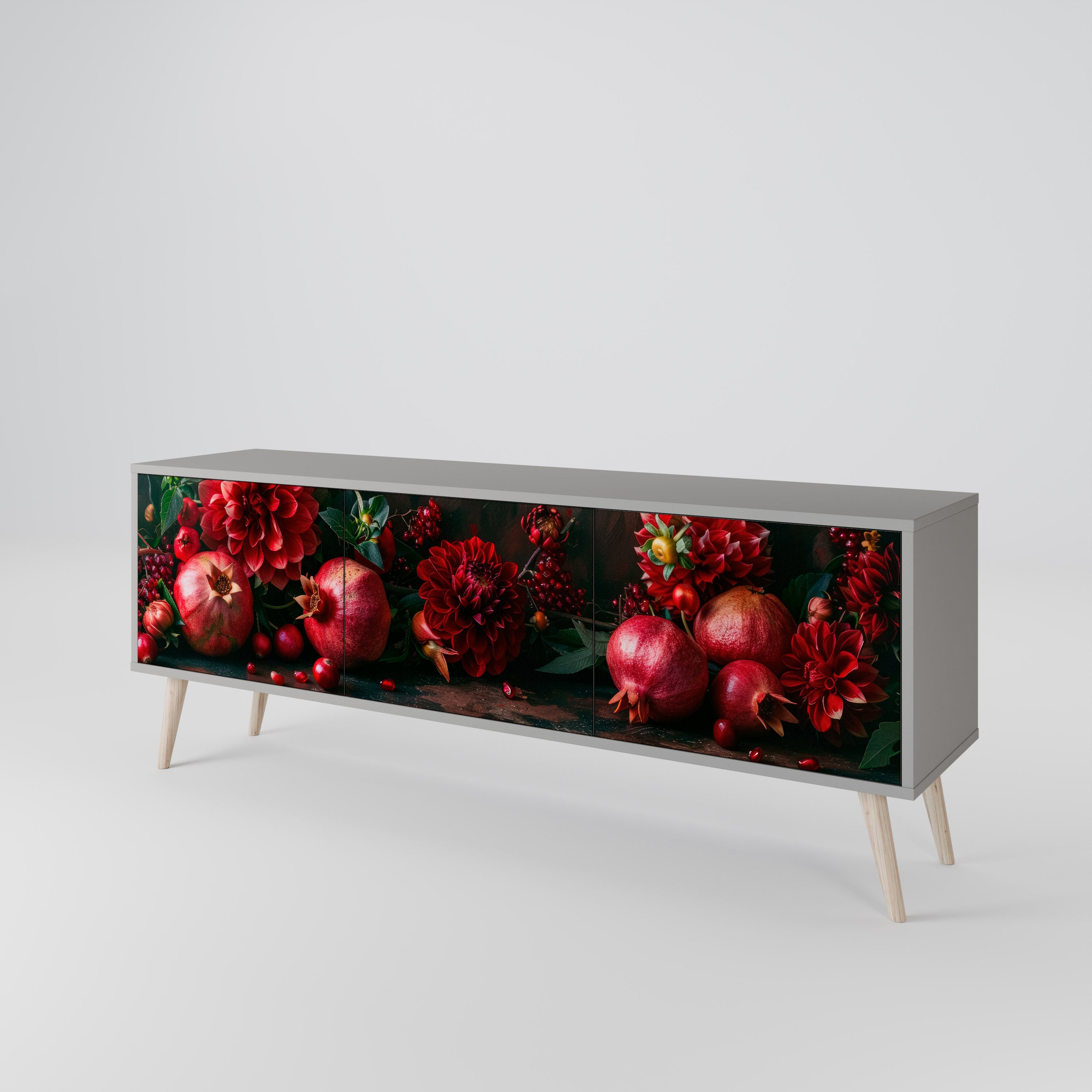 Mueble de TV de 3 puertas DAHLIAS AND POMEGRANATES en acabado gris
