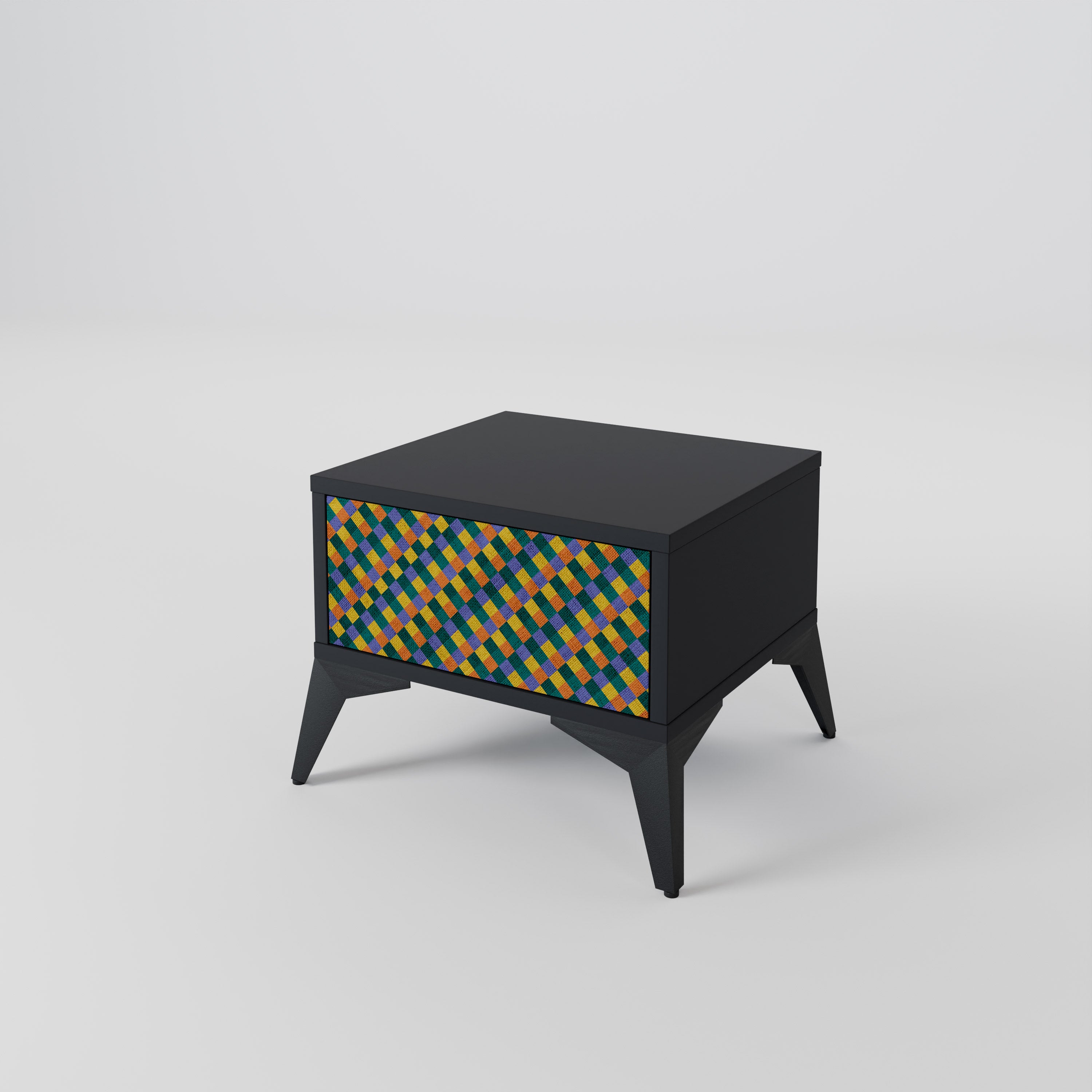 Mesita de noche MIXTA DE CUADRADOS PINTADOS en acabado negro