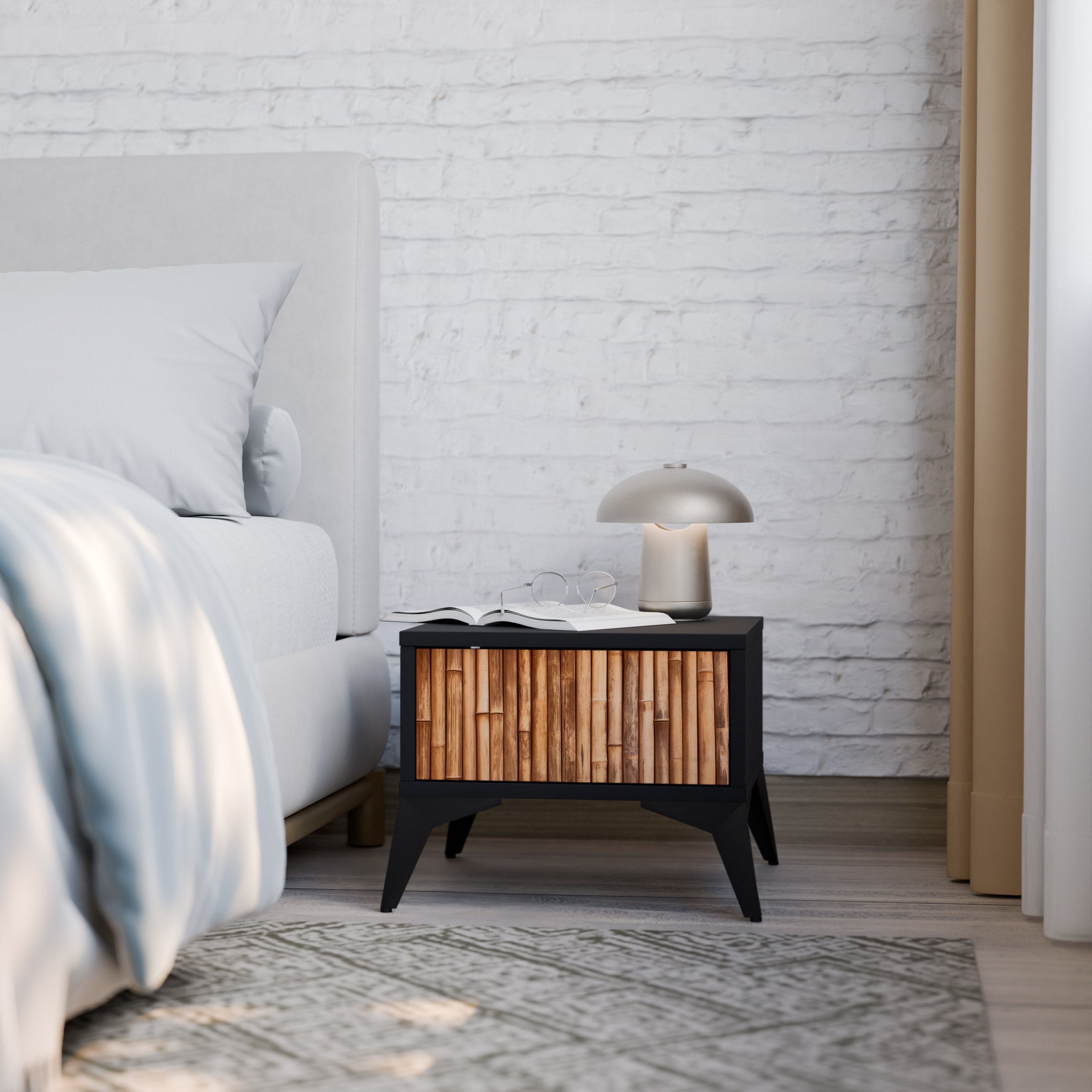 Mesita de noche de MADERA NATURAL en acabado negro