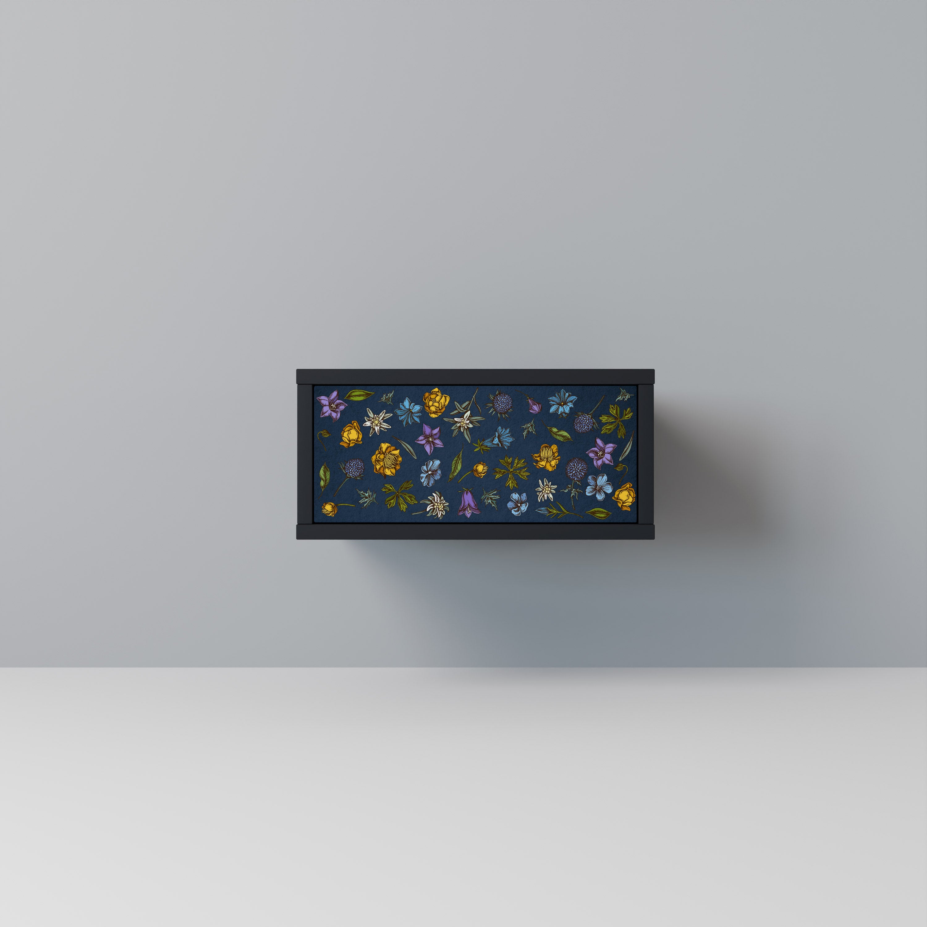 FLOWERS ON NAVY BLUE Nightstand in Black Finish