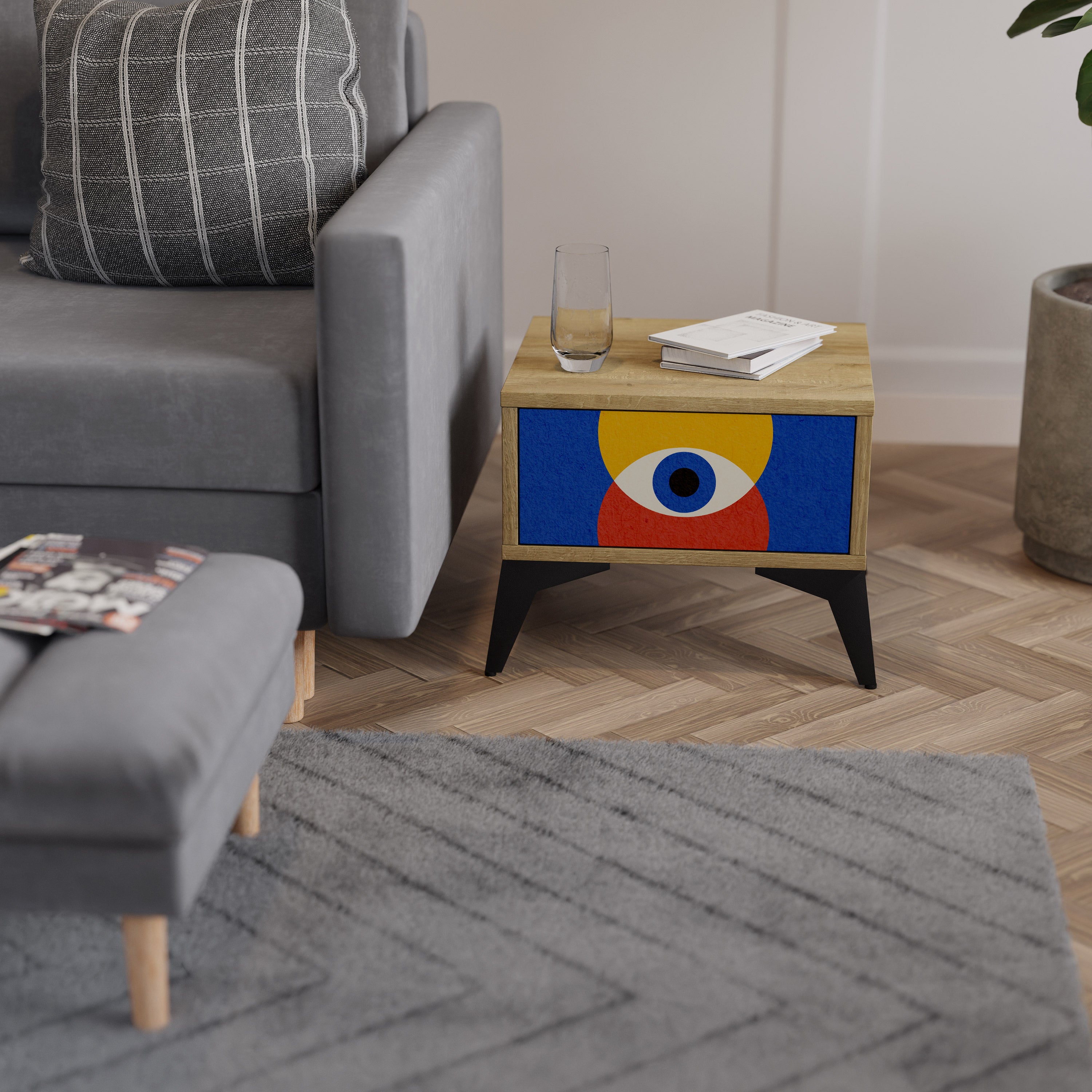 Mesita de noche GEOMETRIC EYES efecto roble