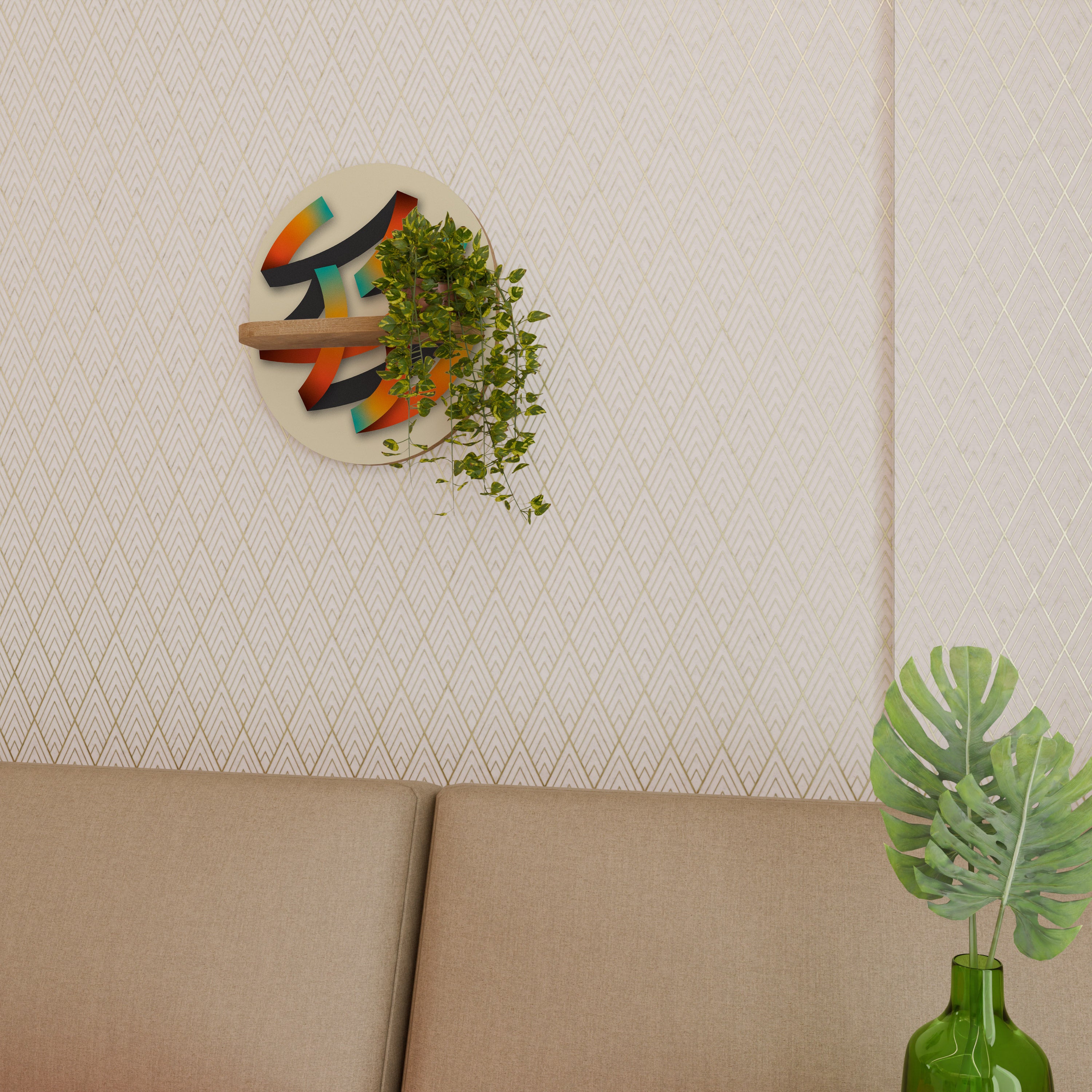 Estantería de arte ovalada RIBBON REVERIE con efecto roble