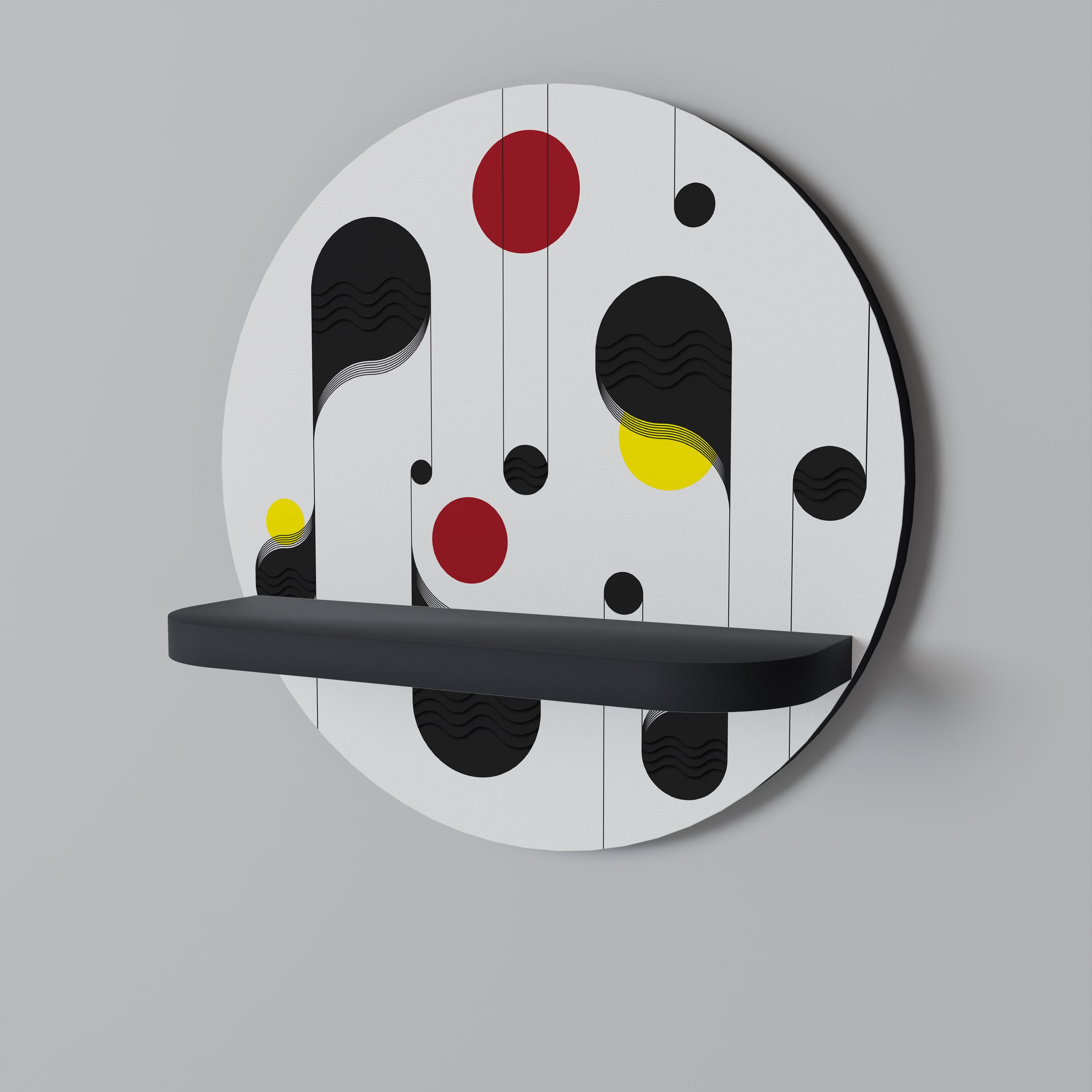 Estantería de arte redonda con diseño de canción de cuna y puntos en acabado negro