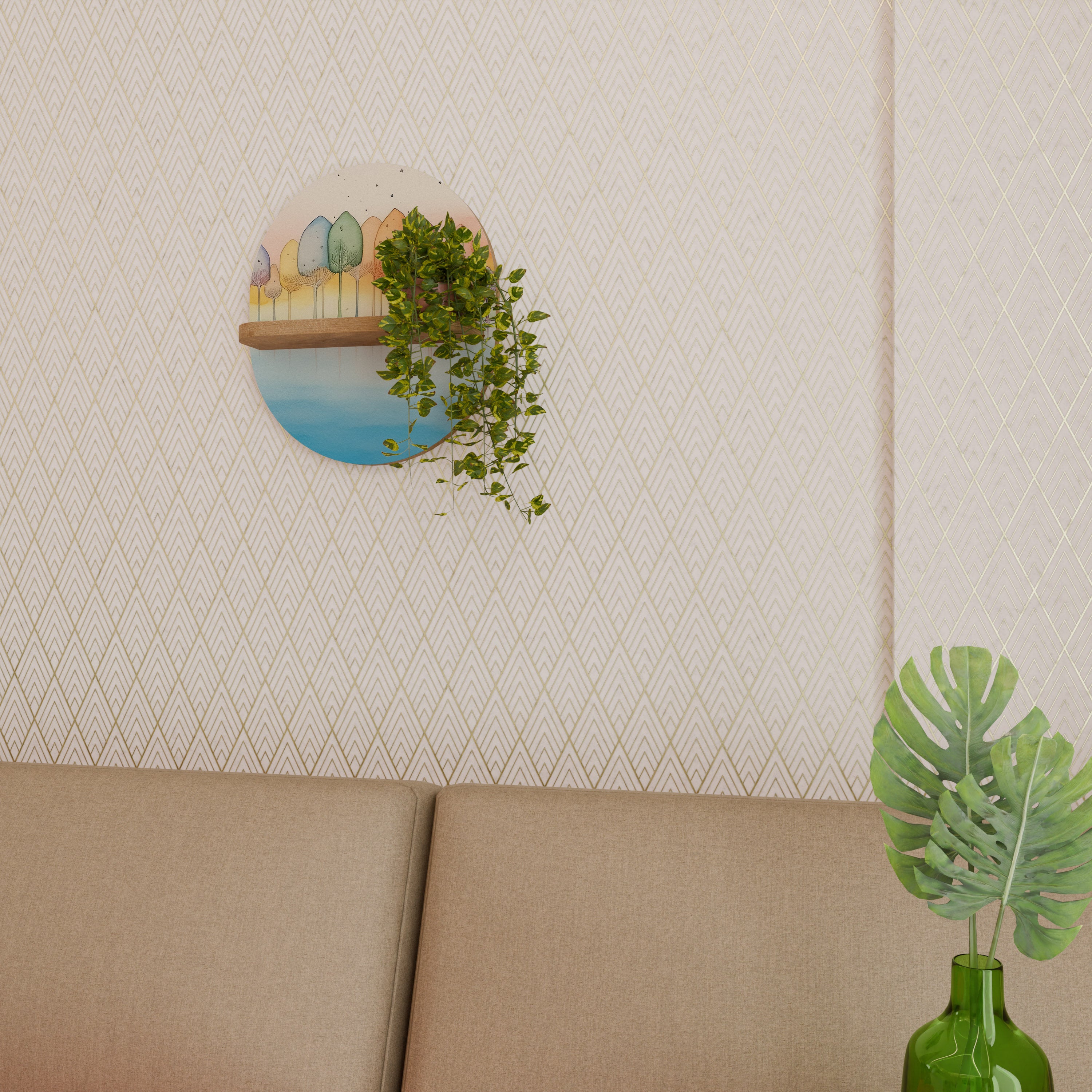 Estantería de arte ovalada OASIS COLORIDO con efecto roble