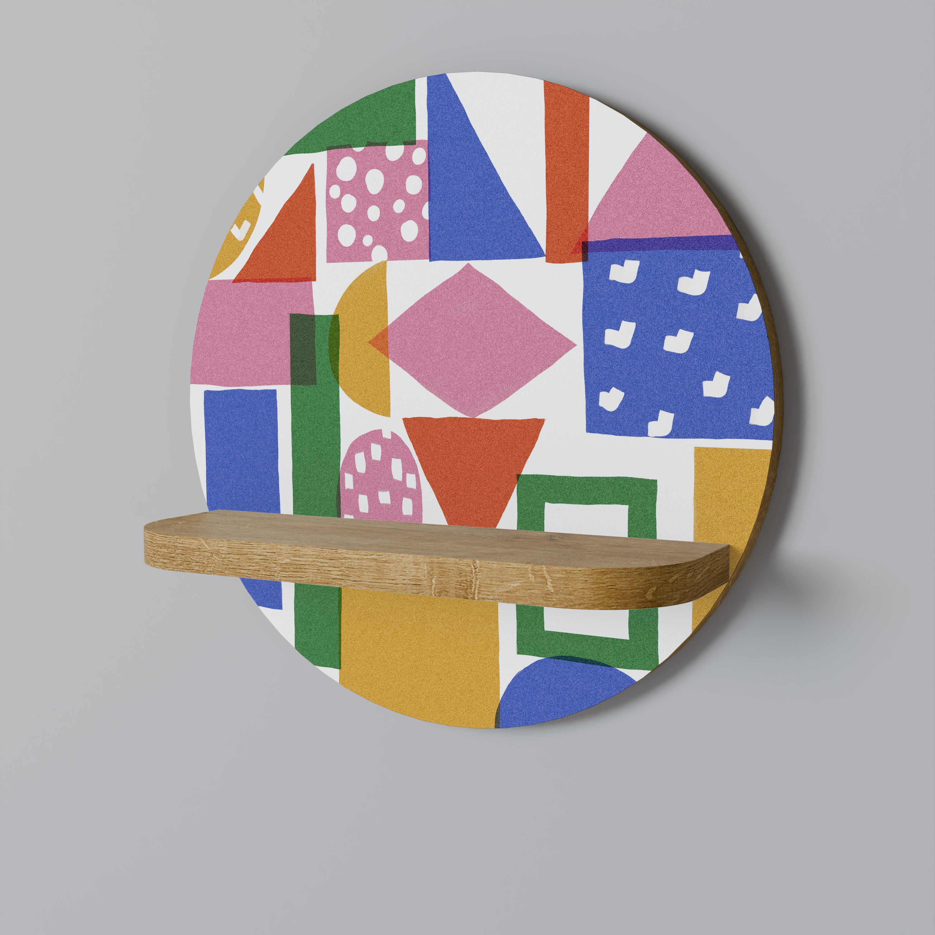 Estantería de arte redonda GEOMETRIC GLIMMER con efecto roble