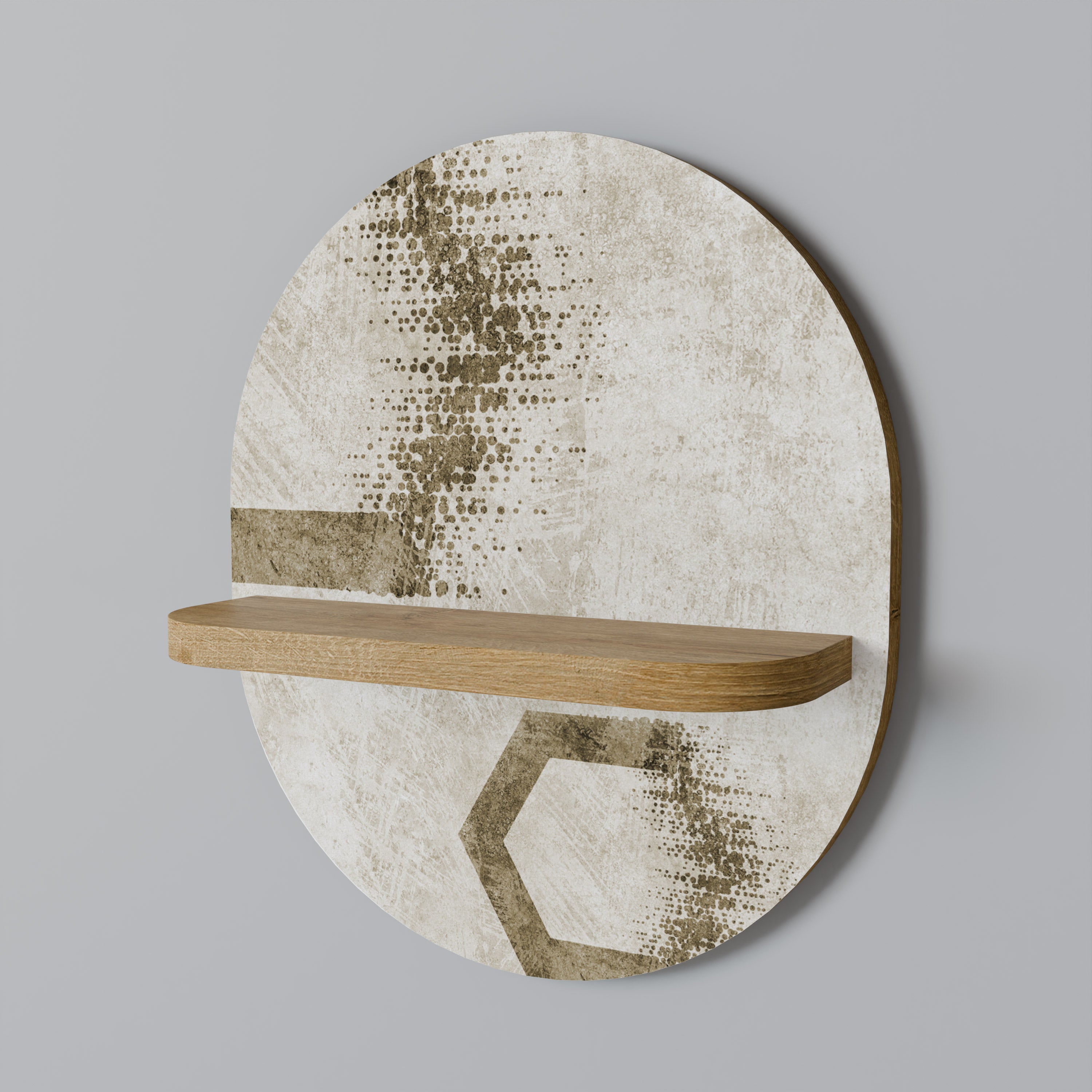 Estantería de arte ovalada con forma hexagonal en efecto roble