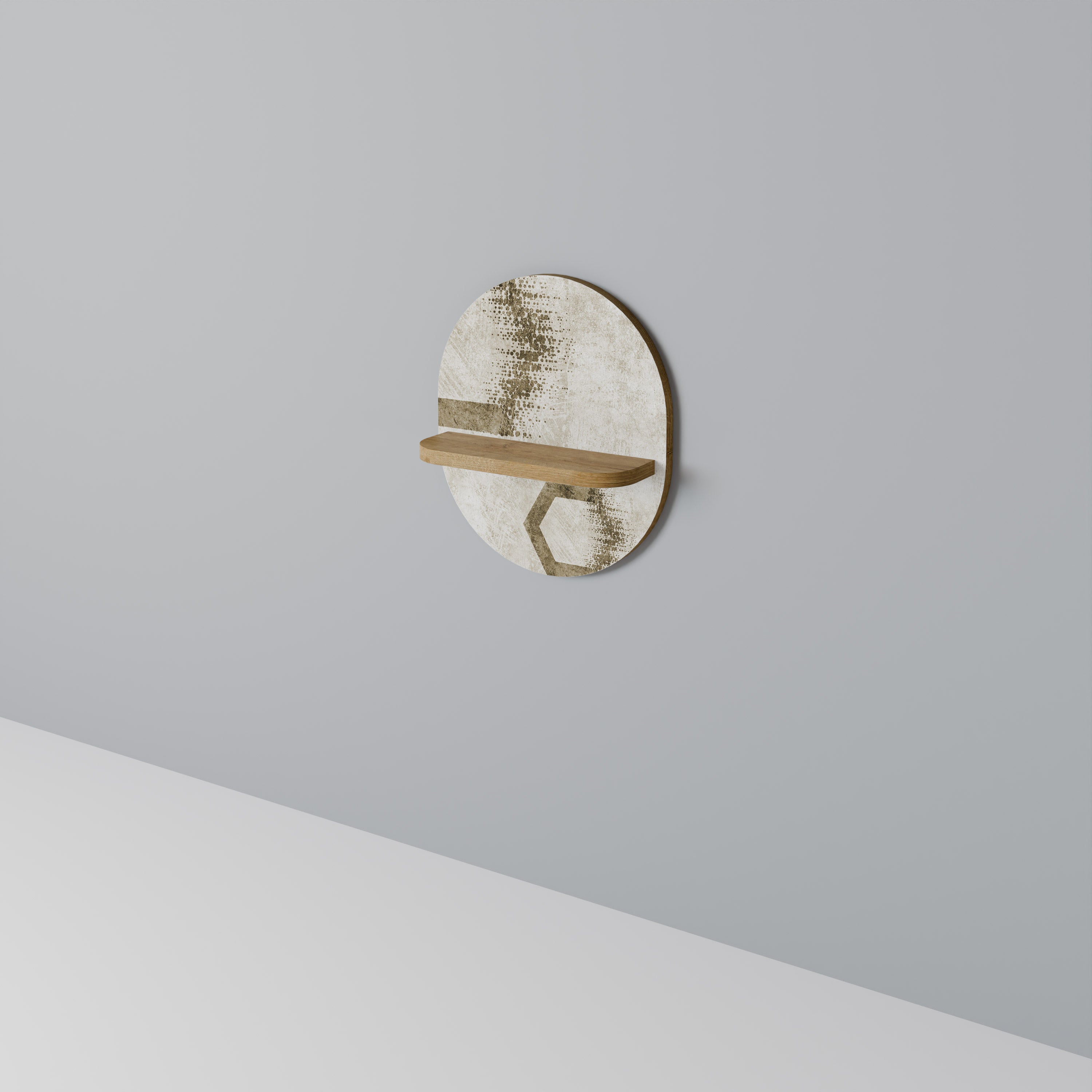 Estantería de arte ovalada con forma hexagonal en efecto roble