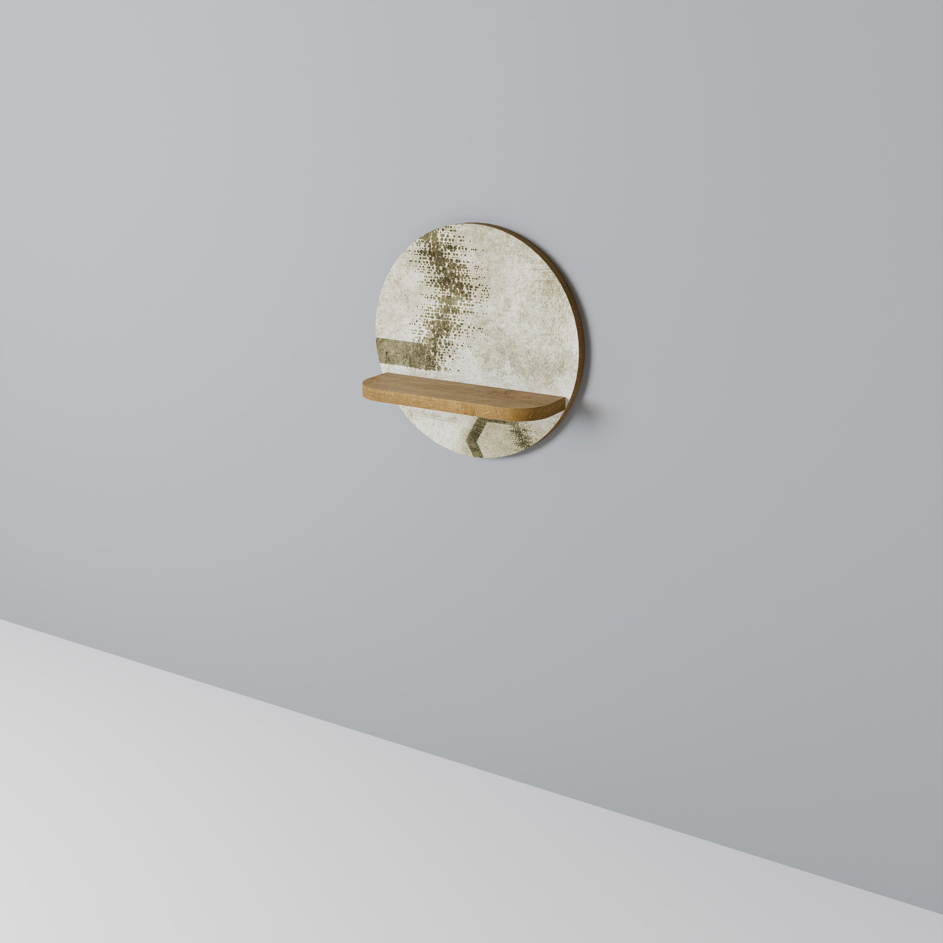 Estantería de arte redonda con formas hexagonales en efecto roble